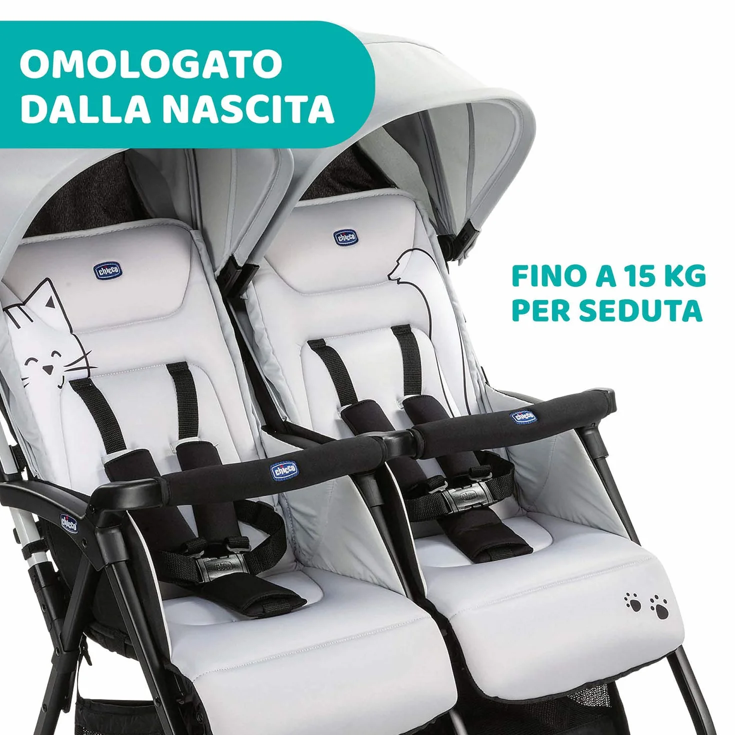 Chicco OHlalà Twin Podwójny Wózek Spacerowy od Urodzenia do 15 kg dla Bliźniaków i Rodzeństwa, Lekki Rozkładany i Składany Wózek, Kompaktowy po Złożeniu, Okrycie Przeciwdeszczowe i Powiększana Budka