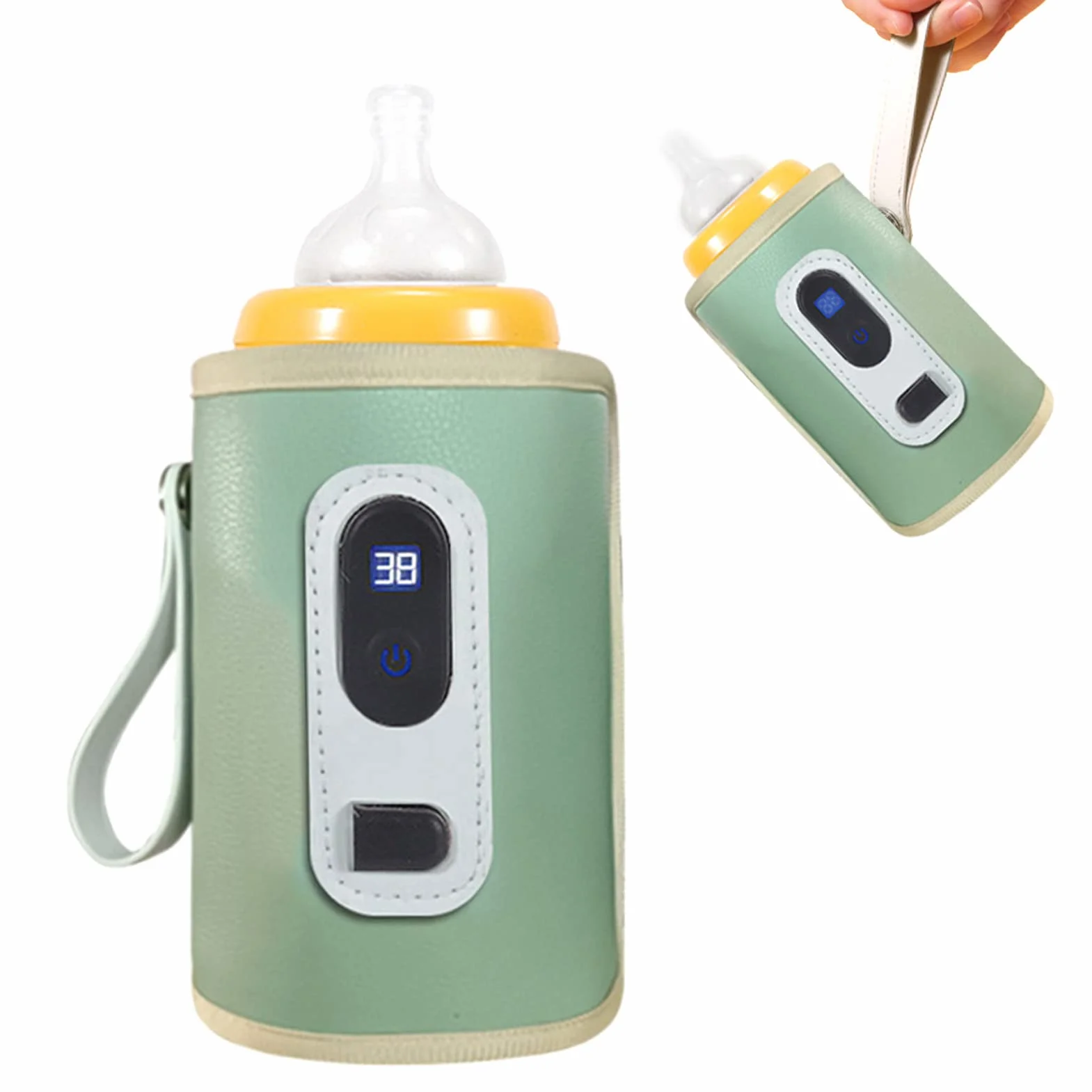 Przenośny ogrzewacz do butelek z USB, cyfrowy wyświetlacz LCD, regulacja temperatury 38-55°C, wodoszczelna tkanina z włókien, 8 x 14 cm, zielony