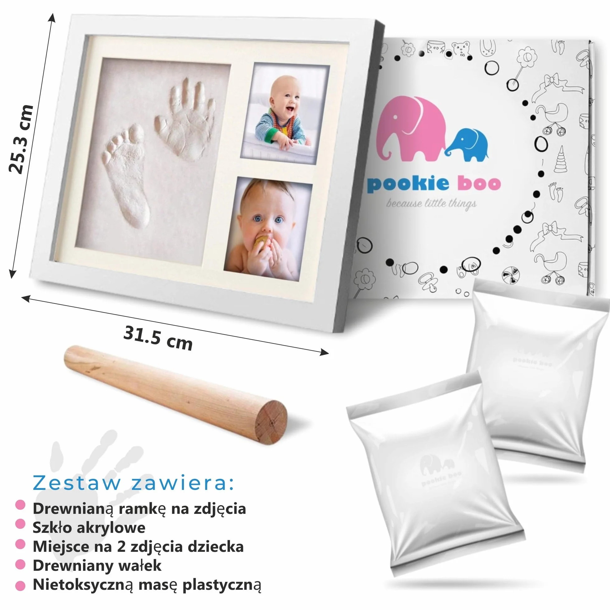 Zestaw dłoni i odcisków stóp od Pookie Boo do samodzielnego wykonania - z ramką z prawdziwego drewna, szkłem akrylowym i miejscem na 2 zdjęcia dziecka - Idealny pomysł na prezent dla ojców i matek