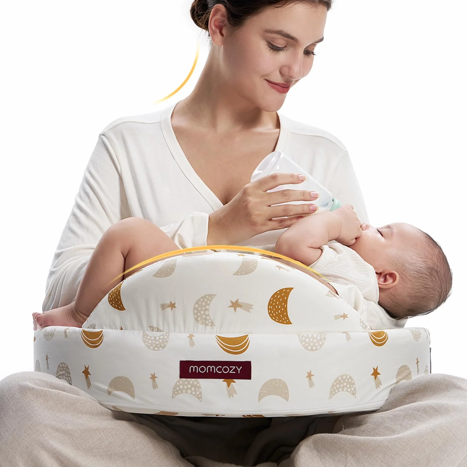 momcozy Poduszka do karmienia z pianki memory z bezpiecznym obramowaniem – ergonomiczna poduszka do karmienia i przechowywania z regulowanym paskiem i zdejmowaną bawełnianą poszewką, gwiazdy i księżyc