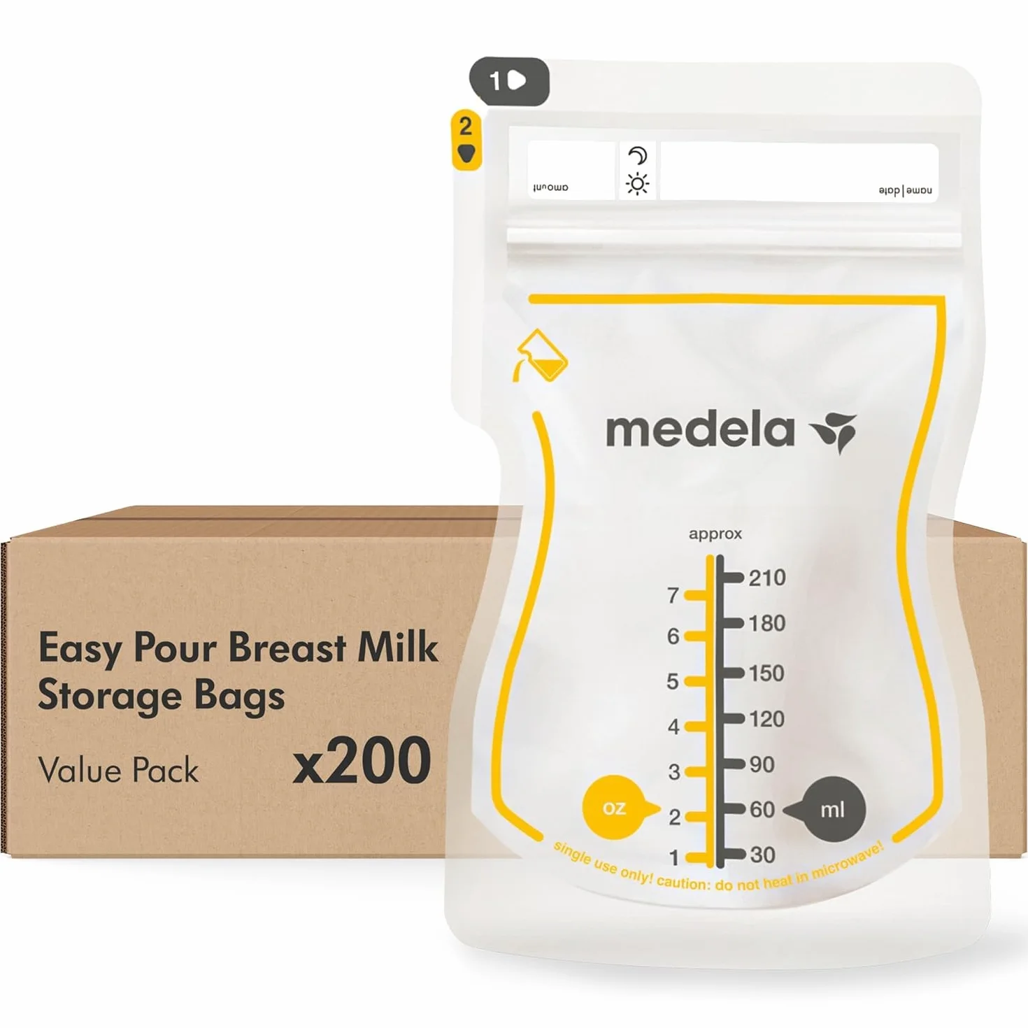 Medela Jednorazowe torby do przechowywania mleka matki, pojemność 210 ml, szczelna konstrukcja z ochroną mleka, nie zawiera BPA, opakowanie 200 sztuk