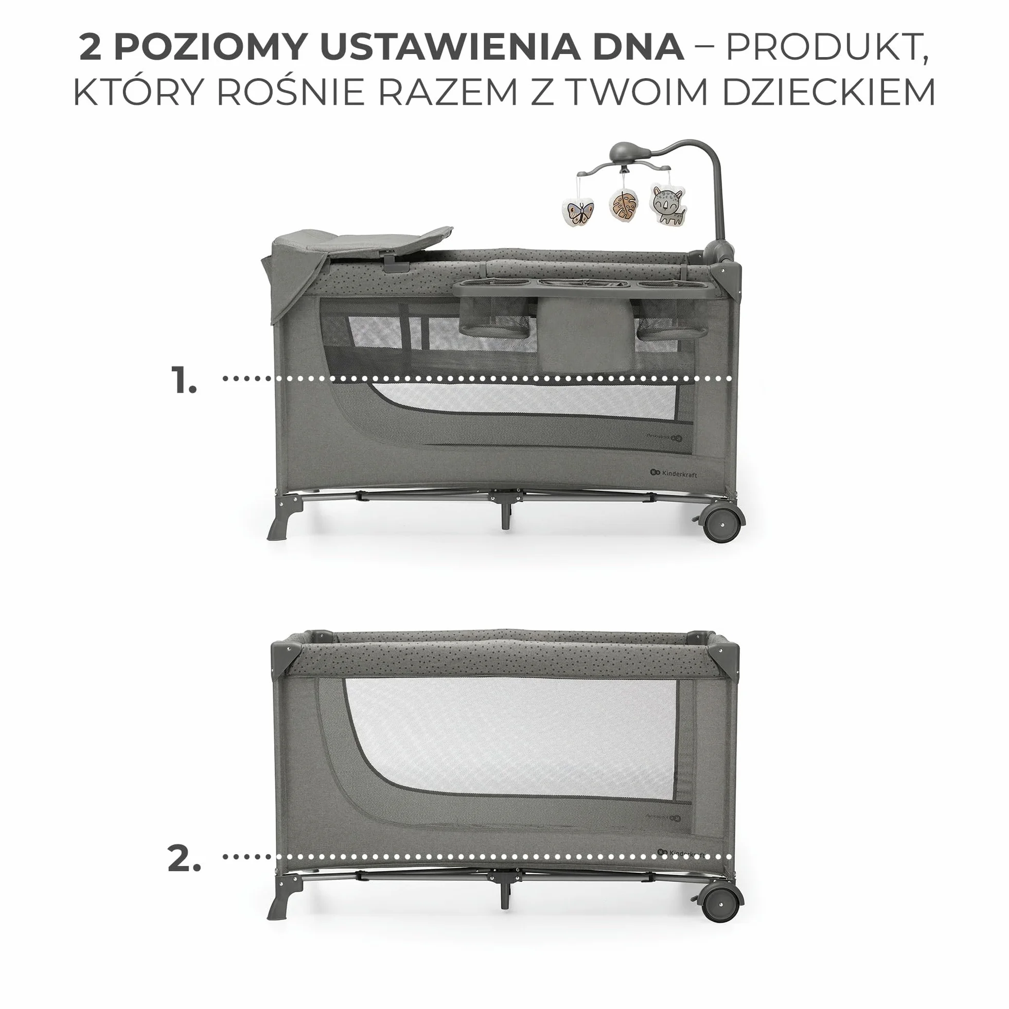 Kinderkraft JOY ACC 2 Łóżeczko turystyczne 3 w 1, Boczne wejście, Szybkie składanie i rozkładanie, Zabezpieczenie przed złożeniem, Kółka i torba ułatwiające transport, Pałąk z zabawkami, Szary