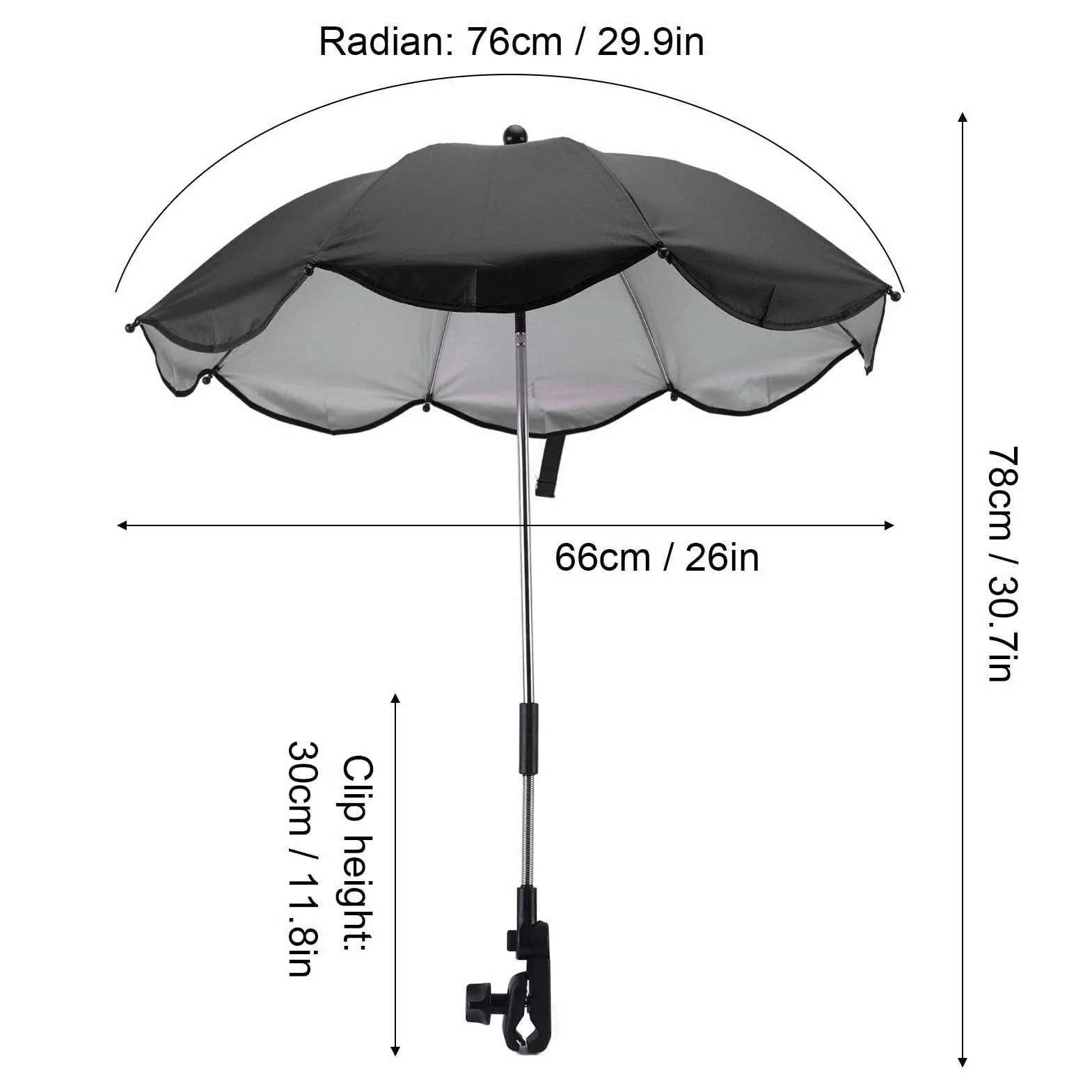 Parasol do Wózka Dziecięcego 14 Cali, Uniwersalna Parasolka do Wózka Dziecięcego Regulowana Ochrona UV Parasol Przeciwsłoneczny do Wózka Spacerowego, Gondoli, Wózka Inwalidzkiego (Czarny (srebrny klej))