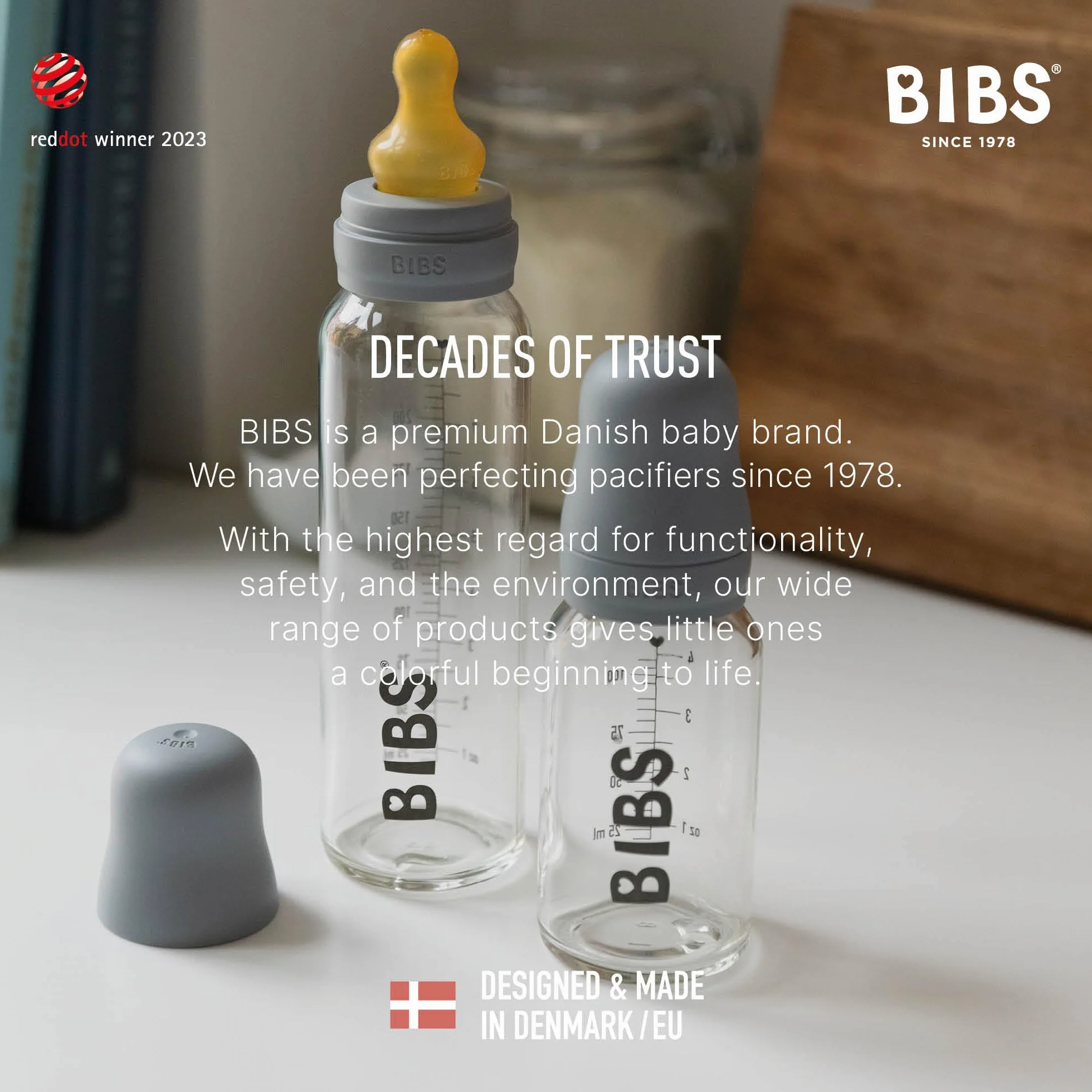 Butelka ze szkła BIBS. Antykolka, zestaw 2 szt. Okrągły smoczek z naturalnego lateksu kauczukowego, wspomaga naturalne karmienie piersią, kompletny zestaw - 225 ml (opakowanie 2), różowy/woodchuck