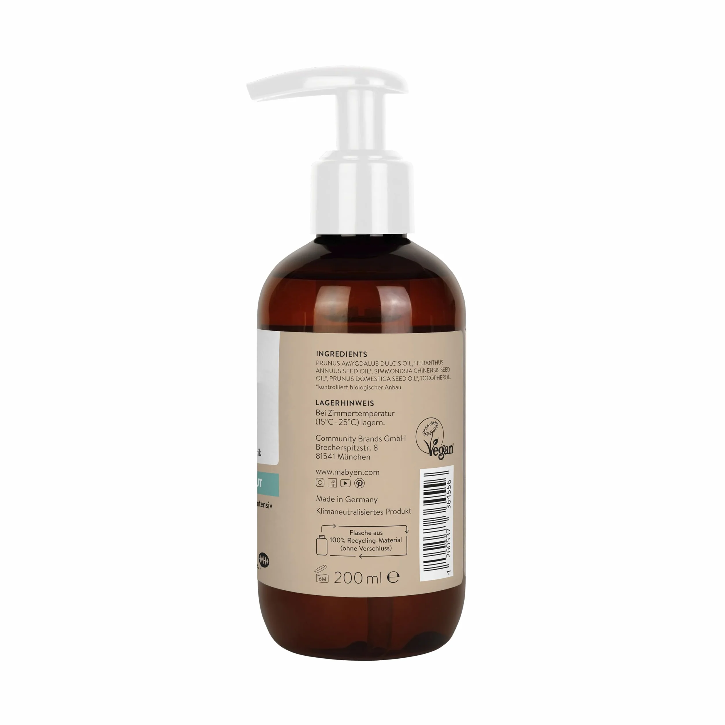 MABYEN Bio Baby Olej Migdałowy 200ml | Wegański, bez zapachu, kosmetyki naturalne - Olej migdałowy dla niemowląt idealny do pielęgnacji dziecka i jako olejek do masażu niemowląt - w praktycznej butelc