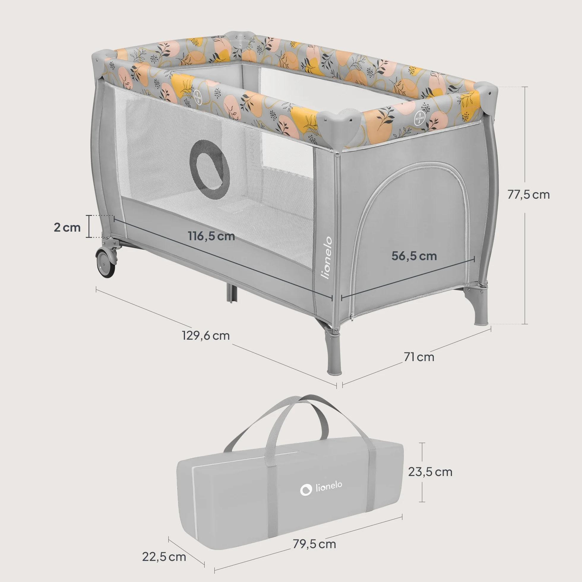 LIONELO Stefi Plus łóżeczko turystyczne 2 w 1 do 15 kg, łóżko dziecięce z materacem, boczne wejście z zamkiem błyskawicznym, wysokiej jakości materac piankowy, szybkie składanie