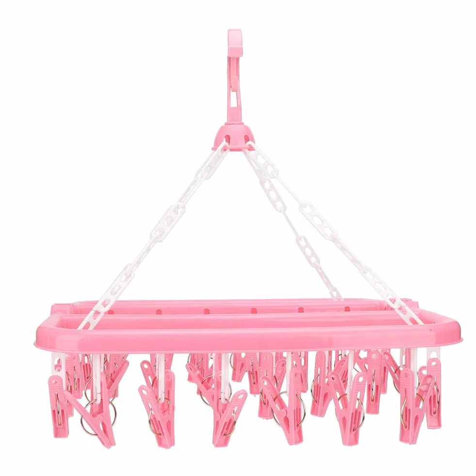 Wäschebügel 32 Clips Klapp Kleiderbügel Trockner Socken Unterwäsche Baby Kleidung BHs Handtuch Stoffwindeln Wäscheständer(Rosa)