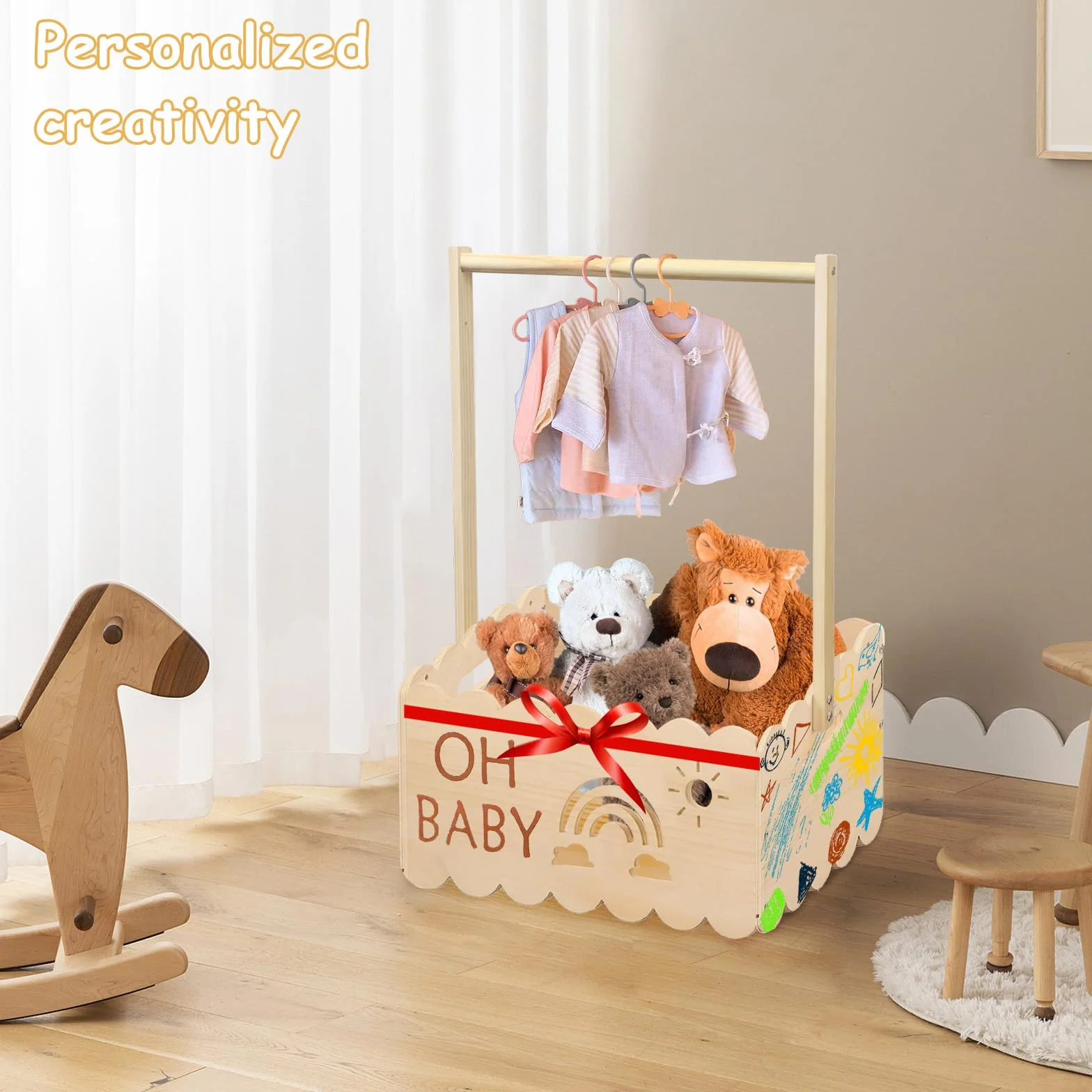 Drewniany kosz na prezent dla niemowląt z uchwytem, drewniana skrzynka na baby shower, skrzynia na baby shower, wieszak na ubrania dla dzieci, kosz do przechowywania niemowląt, spersonalizowany kosz