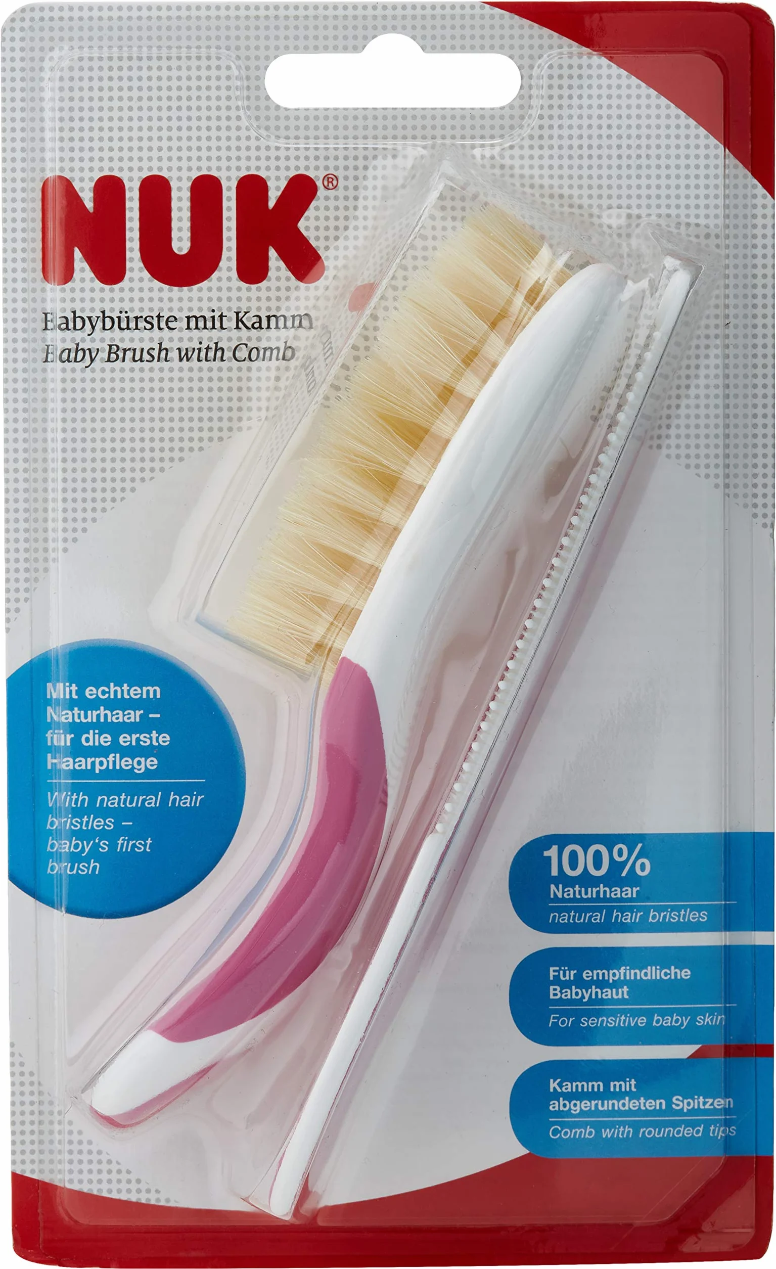 NUK Szczotka dla niemowląt w 100% z naturalnych włosów z grzebieniem z zaokrąglonymi końcówkami, 1 sztuka, różowa