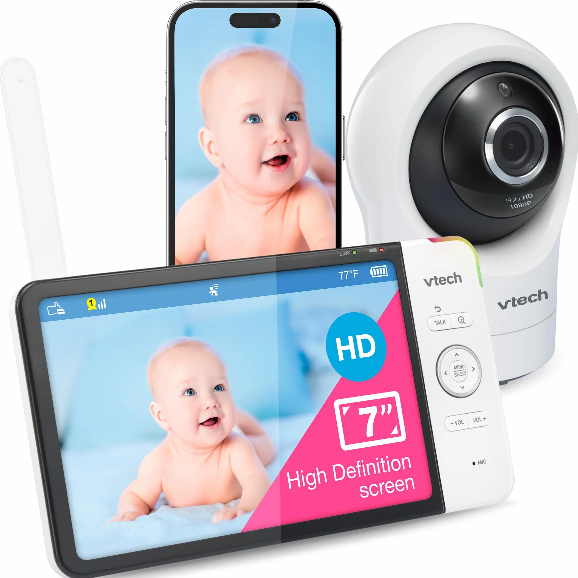 Vtech RM7764HD z kamerą 1080p WiFi Remote Access, wideo o przekątnej 7", 360° Pan i Tilt, z kamerą HD Night Vision 2-Way Talk czujnik temperatury, iOS i Android