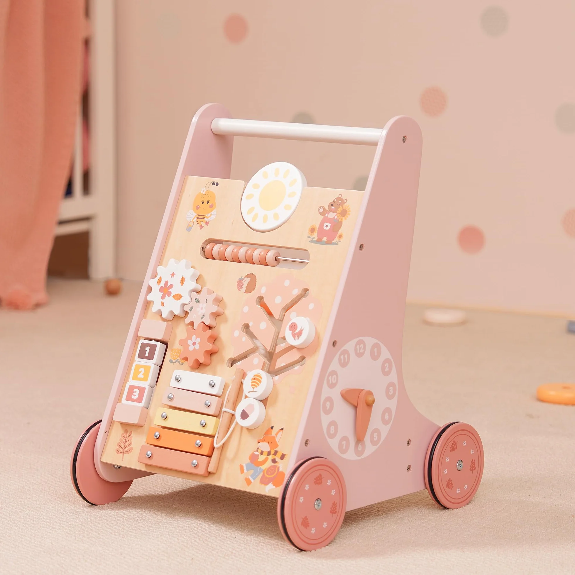 ROBUD Drewniany wózek do nauki chodzenia, Baby Walker, rozwój poznawczy, różowy