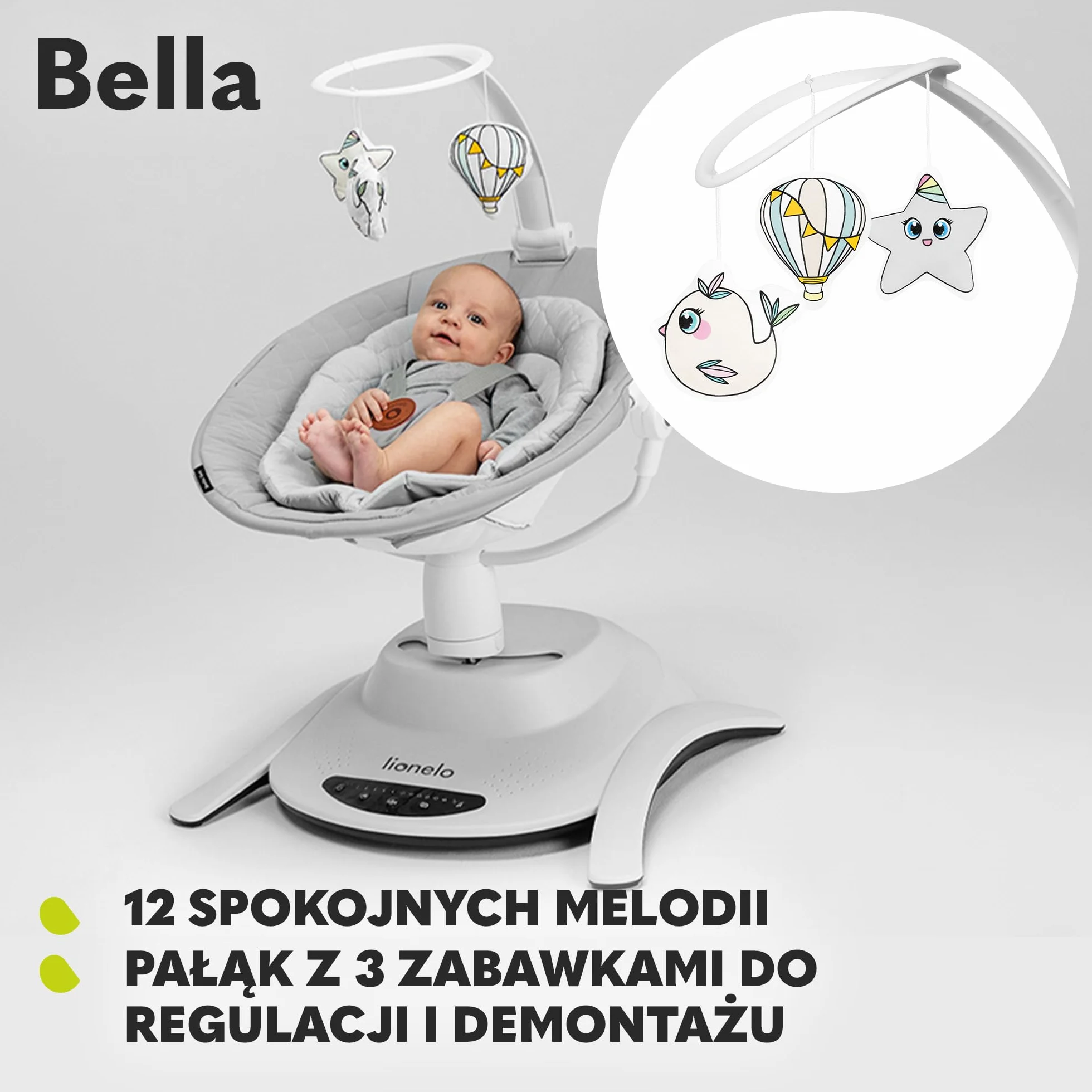 LIONELO Bella Elektryczny Obrotowy Bujaczek 360 dla Niemowląt do 9 kg Regulacja Oparcia, 5 Prędkości Bujania Pasy Bezpieczeństwa Wykrywanie Ruchu Antypoślizgowy, 12 Melodii Pilot