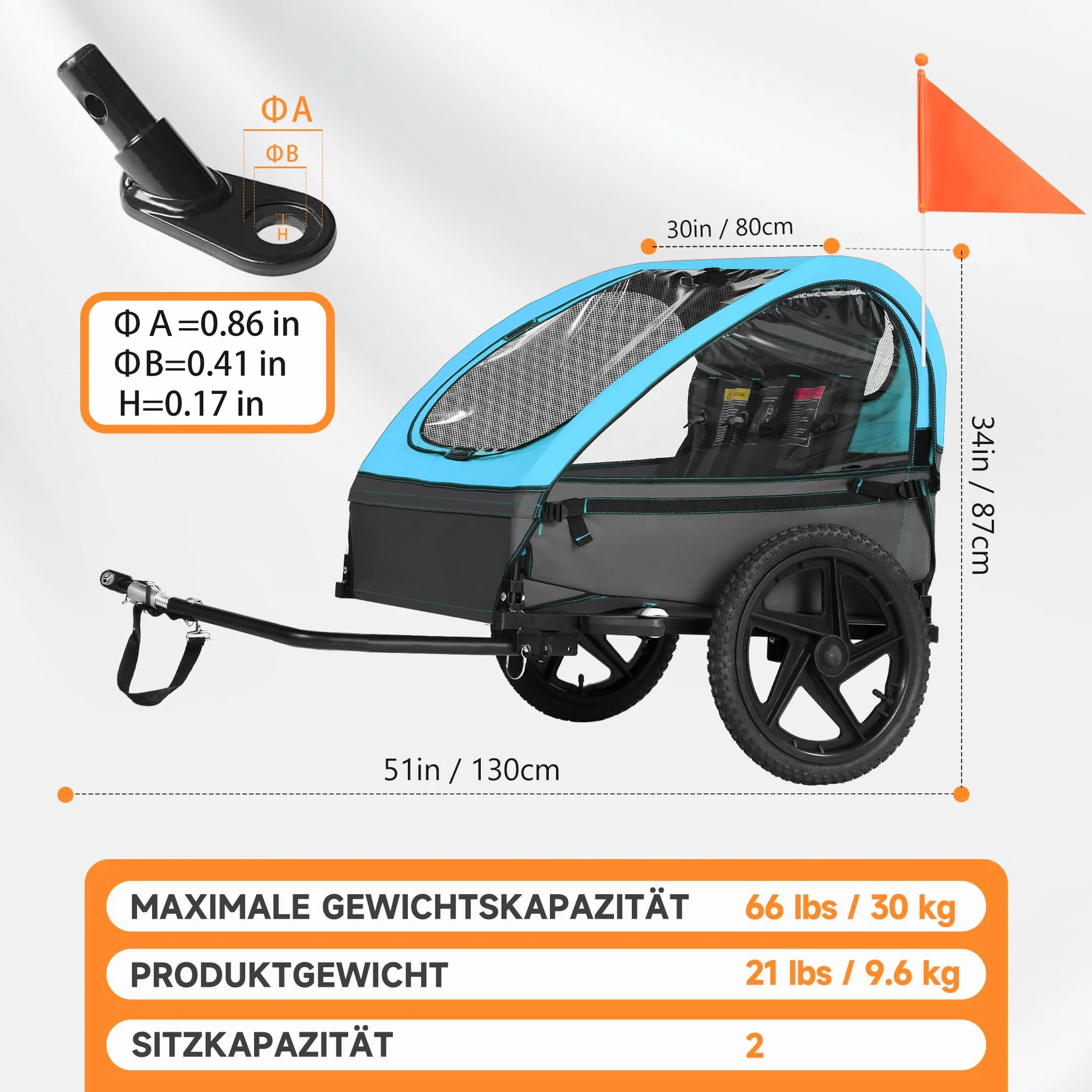 Przyczepa rowerowa dla dzieci 1-2 dzieci, ergonomiczne siedzisko, łatwy montaż, składana, z oponami pneumatycznymi i kieszeniami do przechowywania
