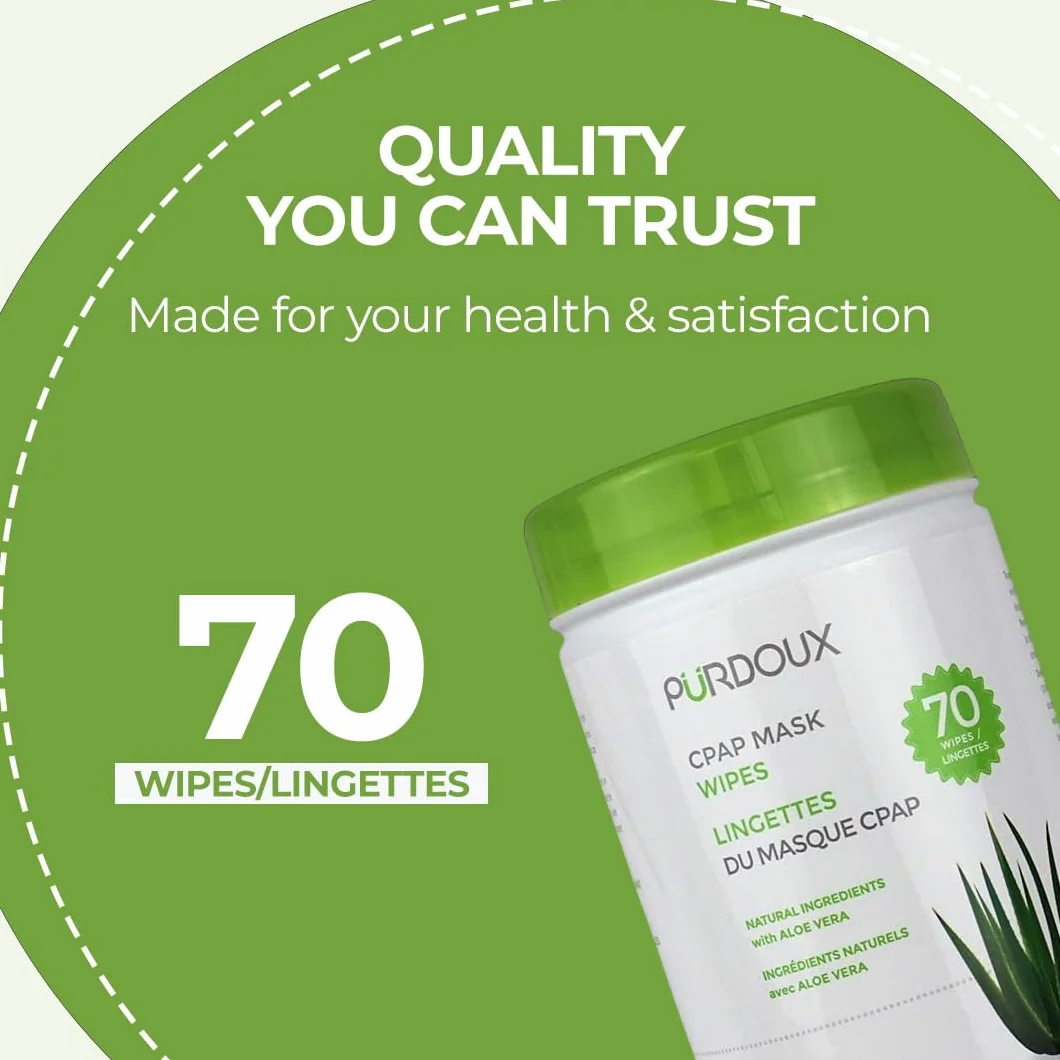 PÜRDOUX ™ CPAP maska chusteczki, aloes, kanister 70 chusteczek nawilżanych
