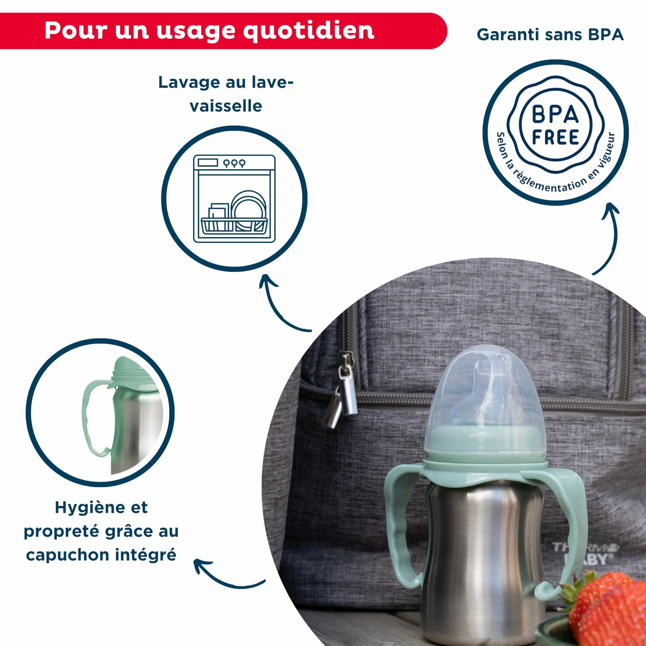 THERMOBABY - Kubek ze stali nierdzewnej dla niemowląt z uchwytami i silikonowym smoczkiem - zapobiegający przeciekaniu - 180 ml - łatwy do czyszczenia - trwały - idealny do pracy dziecka - zielony