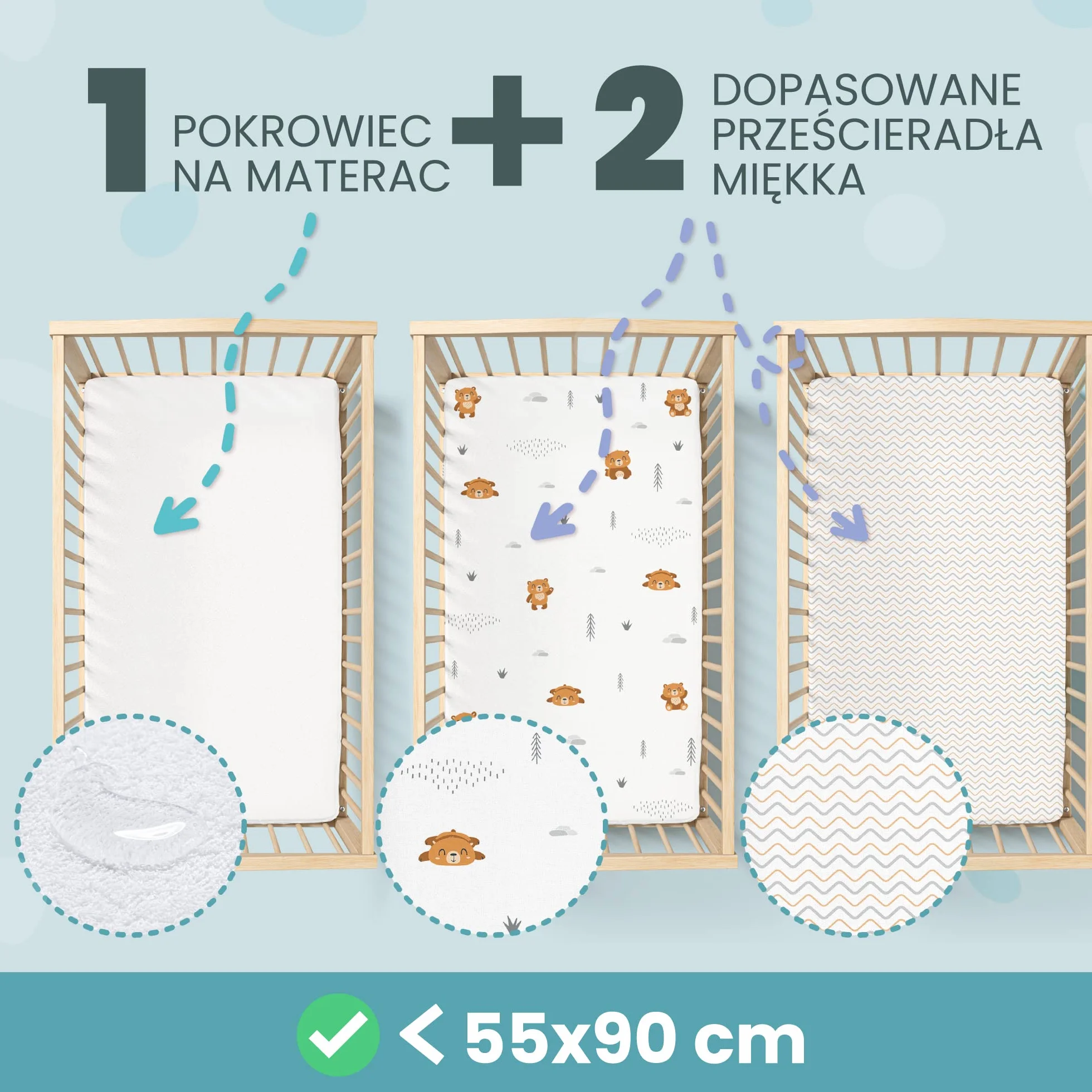 Zestaw 2 x 100% Bawełniane Prześcieradła z Gumką - 1 x 100% Wodoodporny Pokrowiec na Materac - Zestaw 3-55x90cm - Orange
