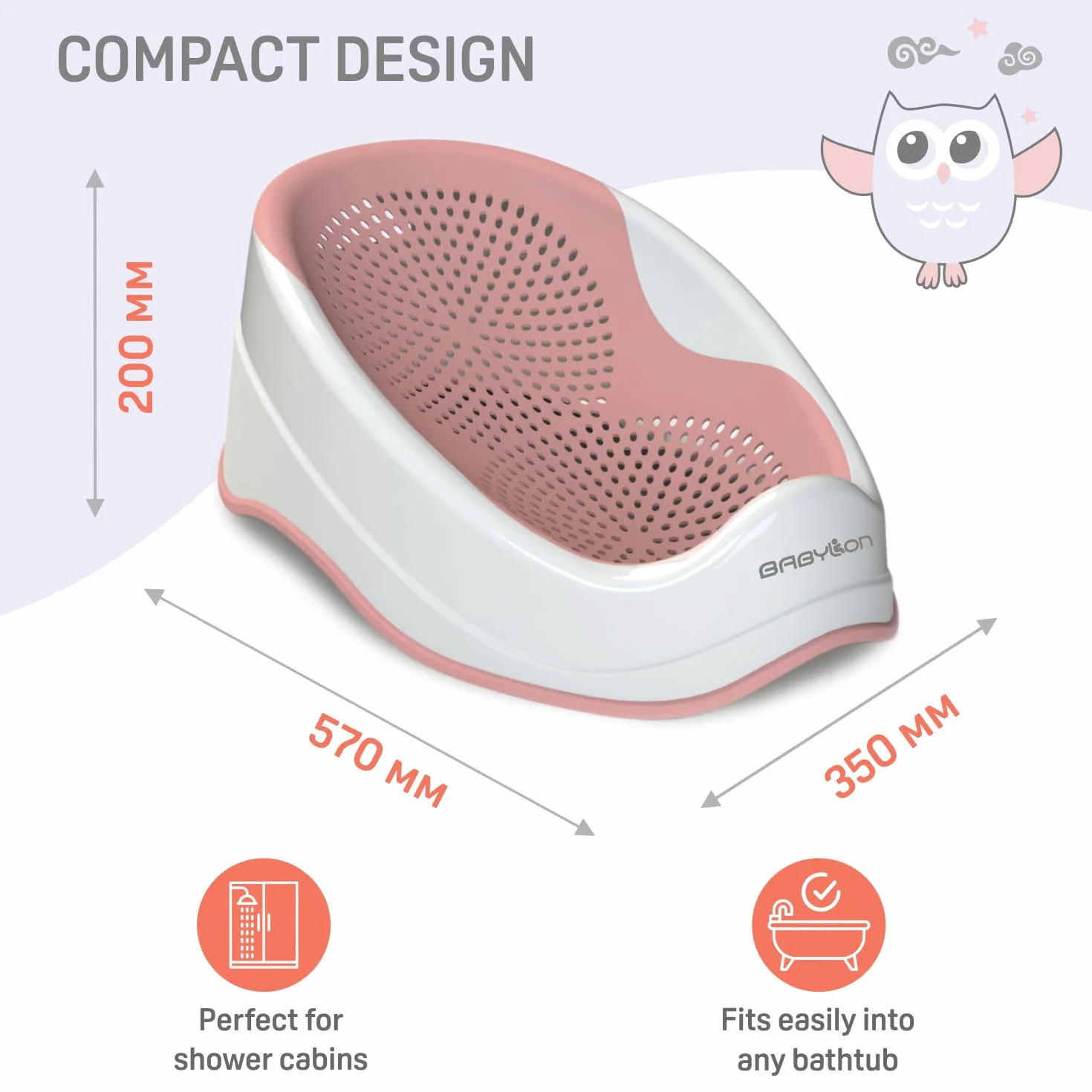 BABYLON DOLPHIN Siedzisko do wanny dla niemowląt od 0-6 miesięcy – ergonomiczna wanna dla dzieci – hipoalergiczna, odporna na pleśń, antypoślizgowa – wanna pod prysznic – różowa