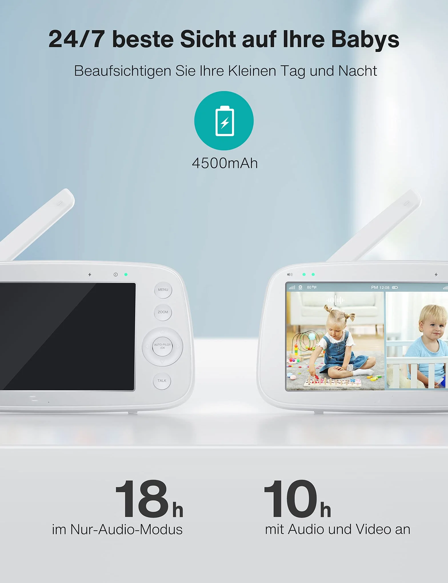 Elektroniczna niania z dzielonym ekranem, 5" 720P z 2 kamerami, monitorowaniem audio i wideo, pochylonym zoomem, zasięg 300 m, akumulator 4500 mAh, widoczność w nocy na podczerwień i monitor