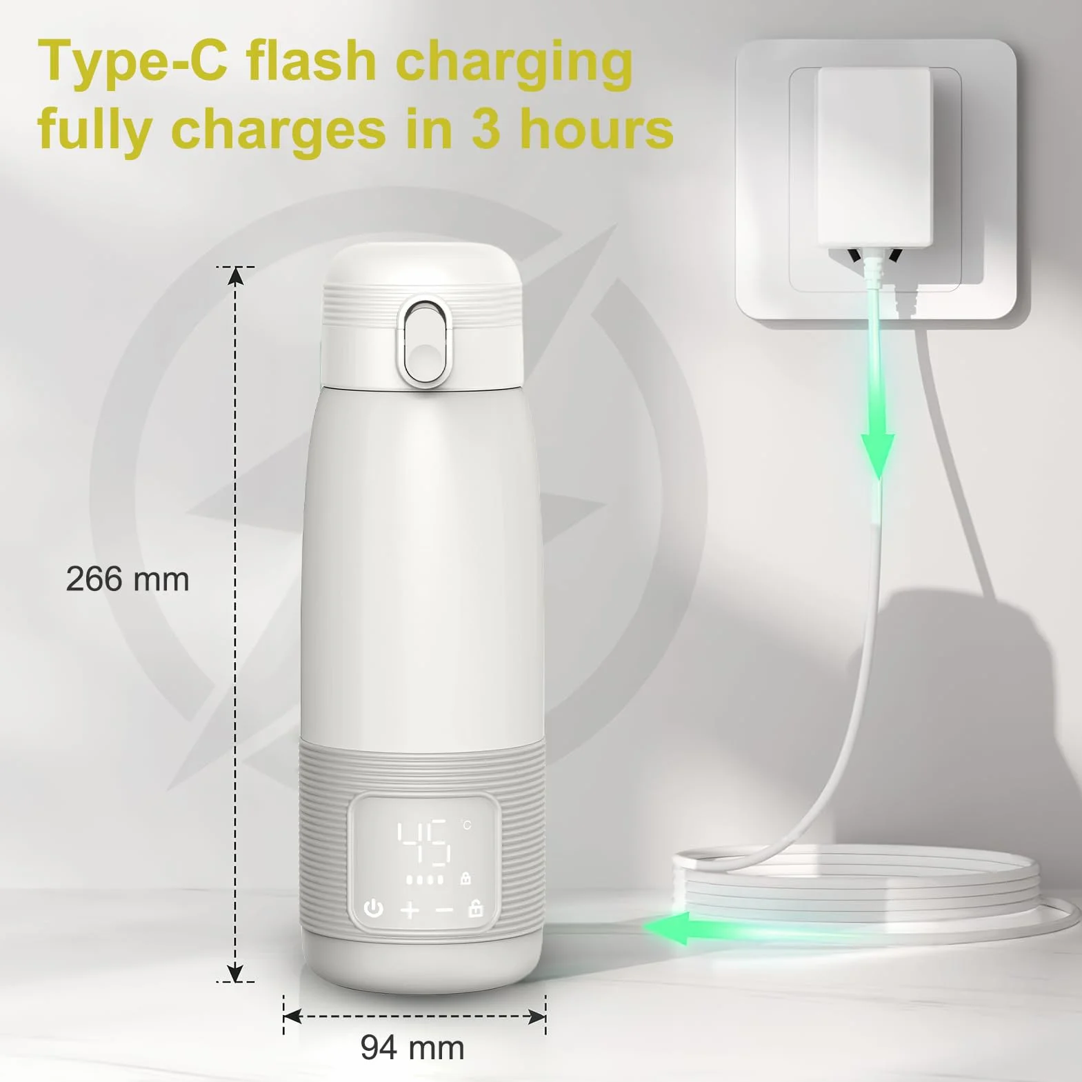 Bezprzewodowy podgrzewacz do mleka z wyświetlaczem LCD, bezpieczny do mleka matki, szybkie nagrzewanie, precyzyjna kontrola temperatury, akumulator 5000 mAh, z USB C, szybkie ładowanie, 500 ml, biały