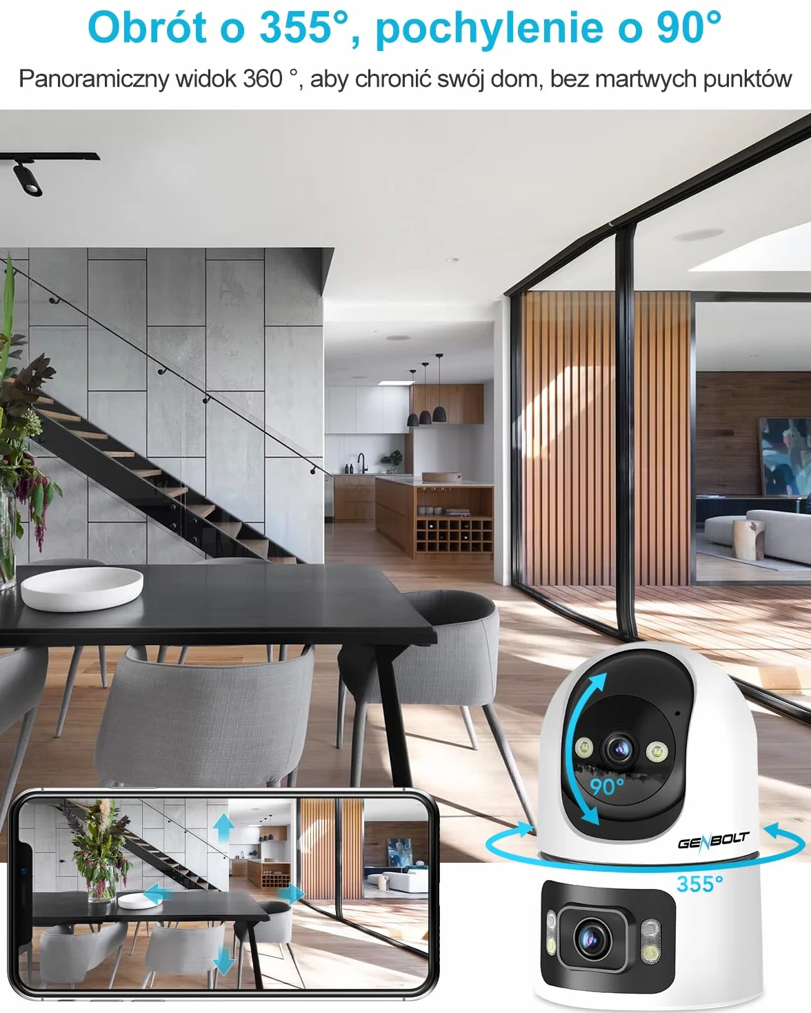 GENBOLT Kamera Bezpieczeństwa Wi -Fi Wewnętrzna, 360° Podwójny Obiektyw Domowy Kamera IP CCTV z Wykrywaniem Humanoidalnym, Auto Cruise Niania Pet Cam, 2.4&5GHz Dual WiFi Monitor Dziecka