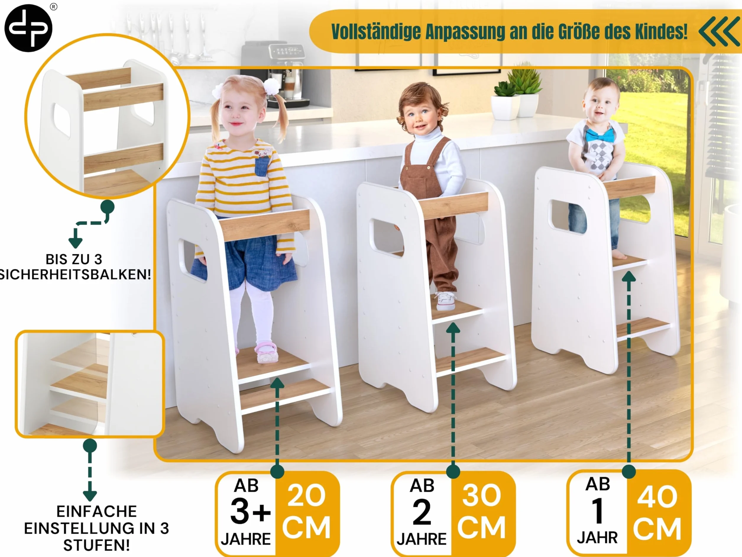 defiPad wieża edukacyjna dla dzieci 80 cm biały dąb z regulacją wysokości