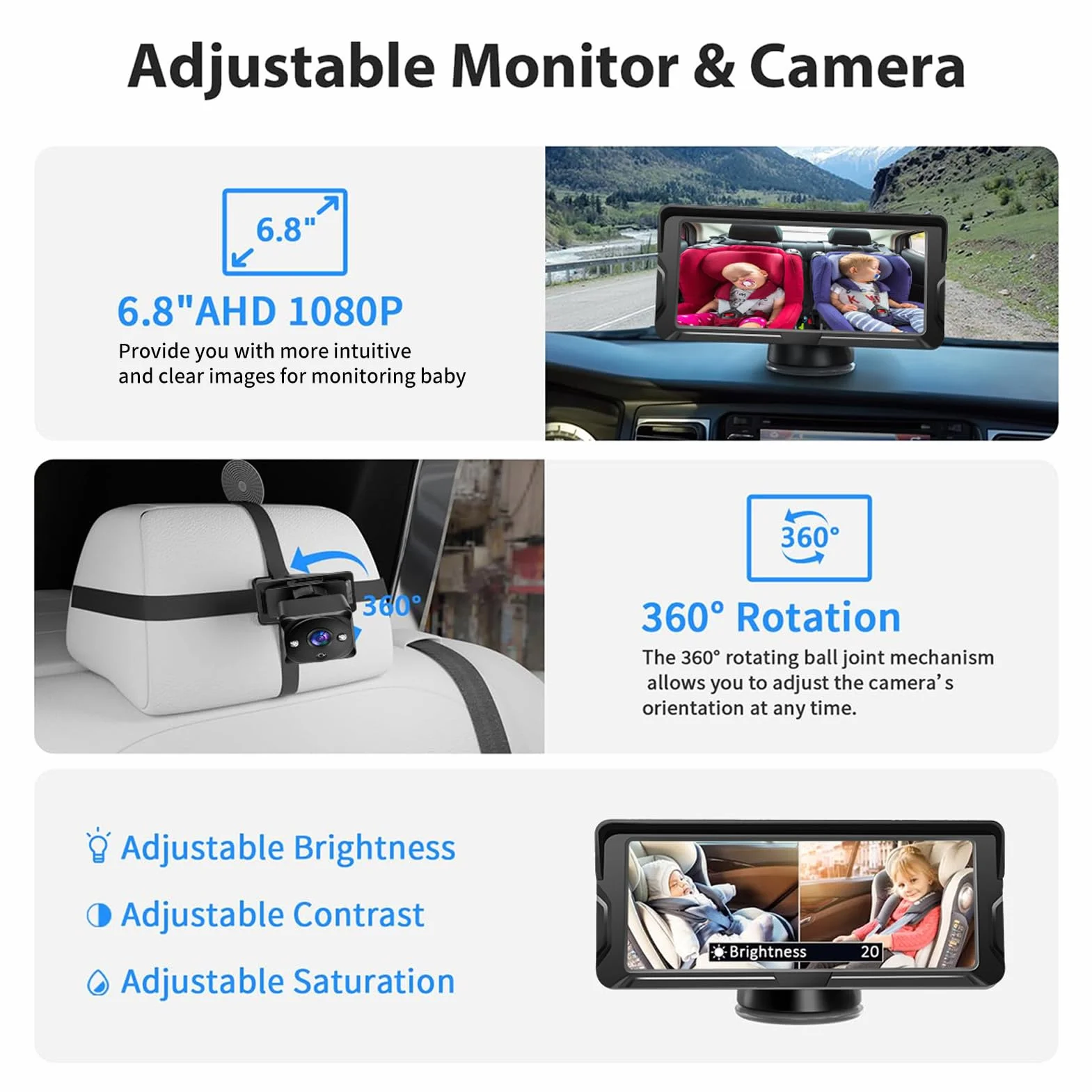 Shkalacar Kamera do fotelika dziecięcego 2-Kids 6,8 cala 1080P z ekranem kamery samochodowej dla niemowląt z 2 kamerami IR Night Vision i szerokim kątem widzenia 150°, łatwa obsługa