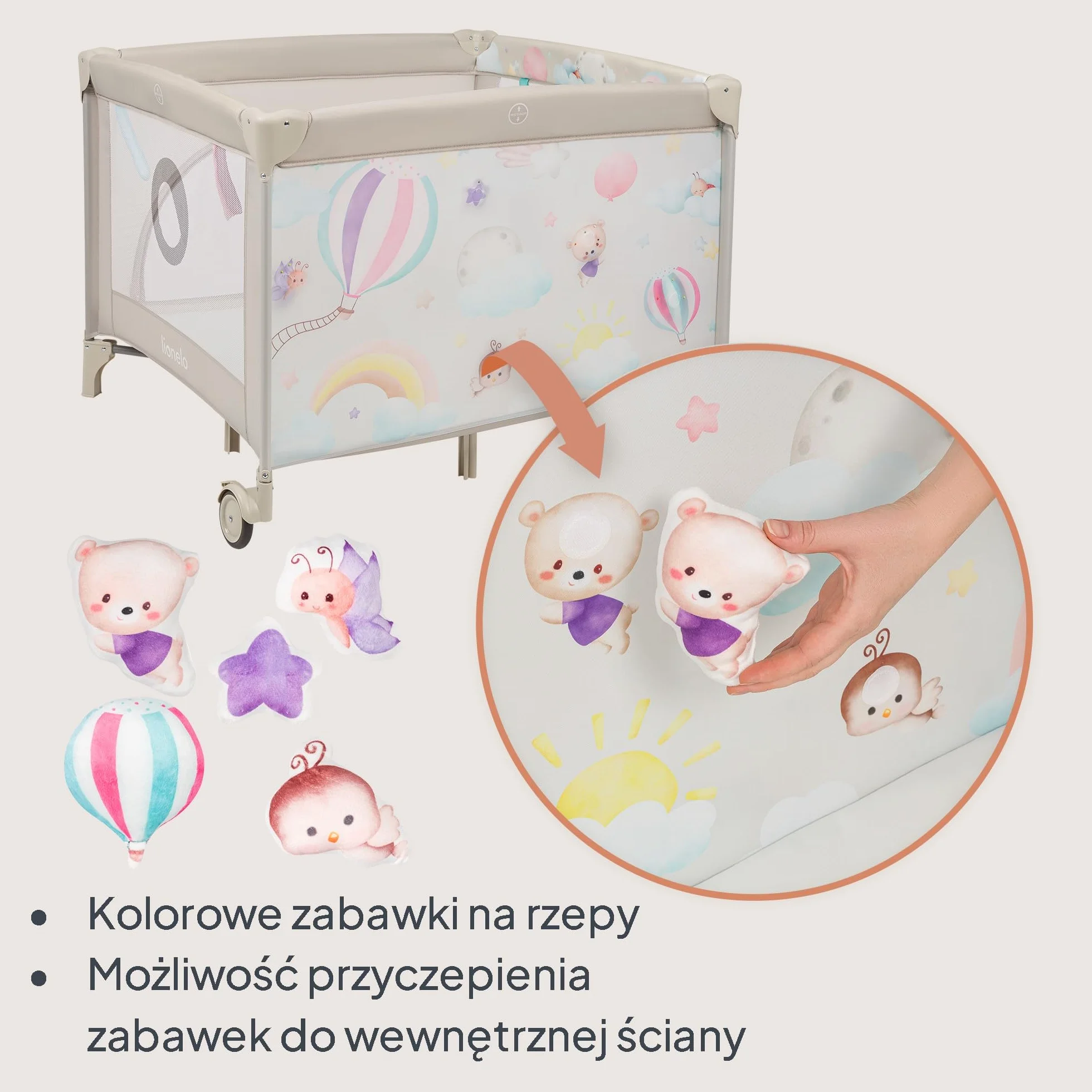 LIONELO Kojec dziecięcy 2 w 1 Łóżeczko Turystyczne Podróżne MILLE PLUS do 15 kg 0-36 miesięcy, Boczne Wejście, Materac 3D, 2 Koła z Hamulcem Łatwe Składanie, Torba Transportowa