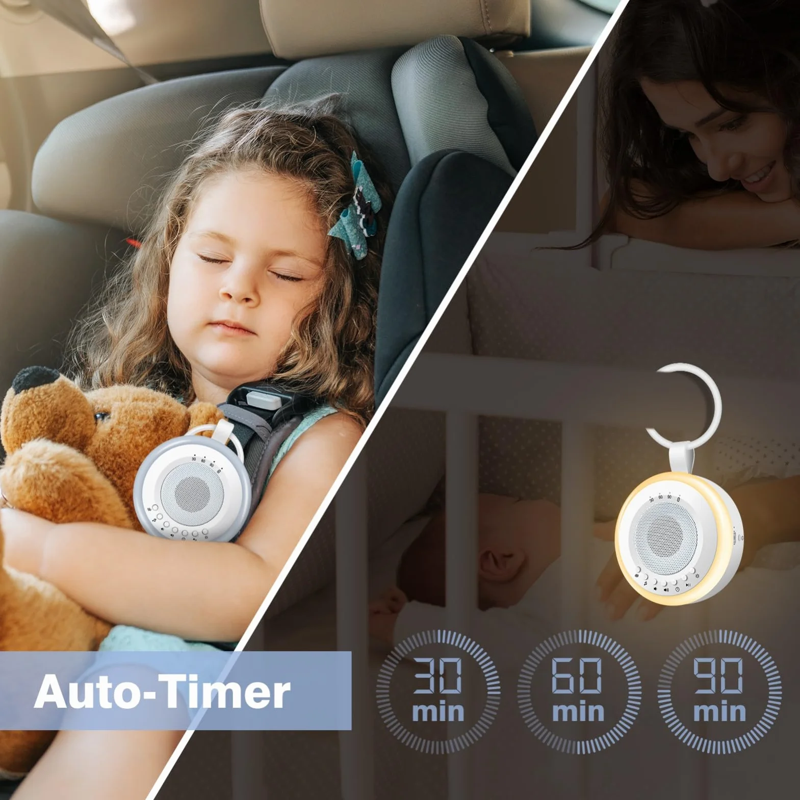 Easy@Home White Noise Machine: Przenośna maszyna dźwiękowa dla niemowląt 34 kojące kołysanki i dźwięki natury | 3 zestawy timerów | Lampka nocna | Niezbędniki dla noworodka (58 * 111 * 112 mm)