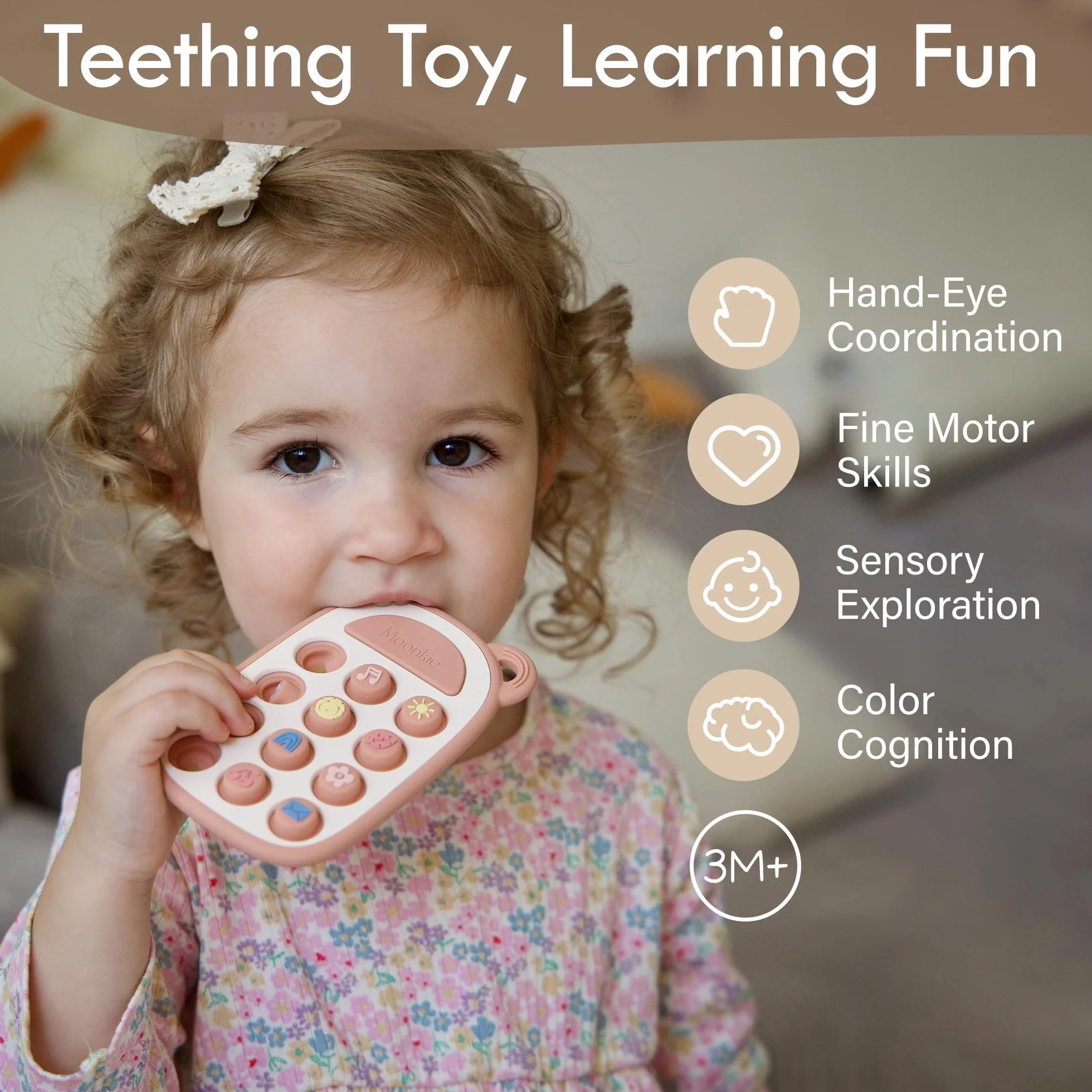 Moonkie Zabawka Ząbkowana dla Niemowląt, Silikonowy Telefon Gryzak, Pop Fidget It Toy, Zabawka do Gryzienia dla Dzieci 3 Miesięcy+, nie Zawiera BPA, Pomoc w Ząbkowaniu(Rumieniec)