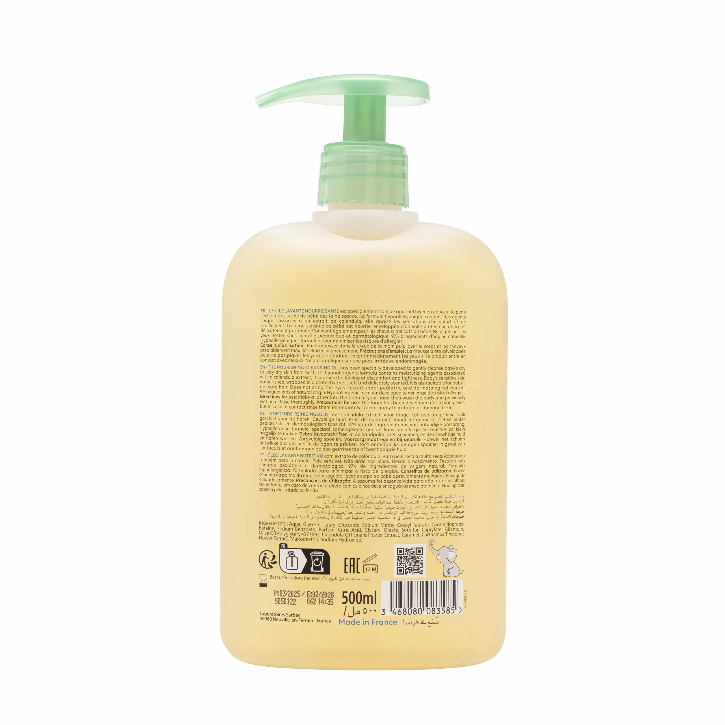 Corine de Farme, Odżywczy olejek do mycia dla niemowląt, 500 ml, ekstrakt z nagietka, hipoalergiczny, łagodny do czyszczenia skóry suchej i bardzo suchej, odpowiedni dla włosów, 97% naturalnych