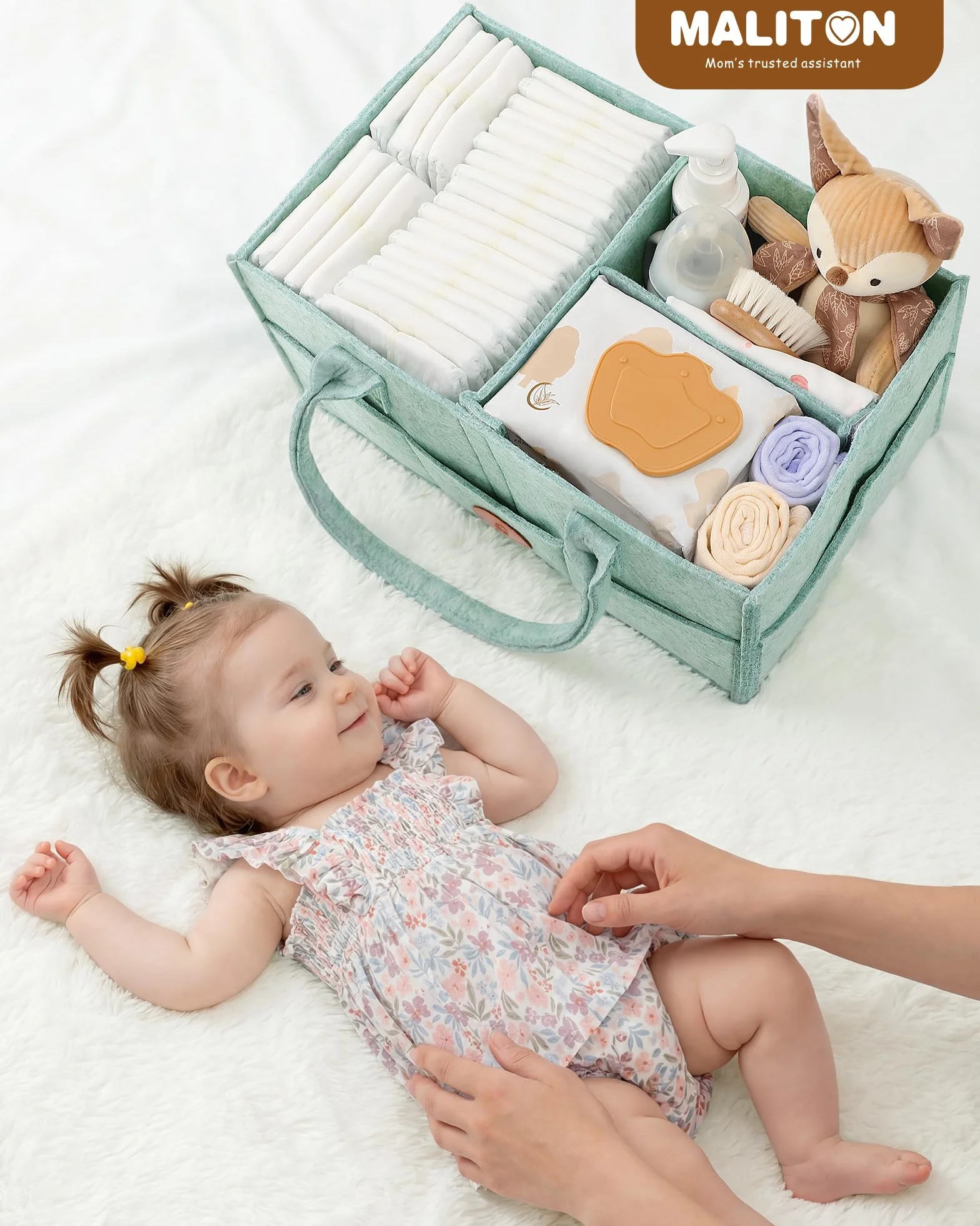 Maliton Organizer na pieluchy dla niemowląt Caddy Newborn Essentials, wytrzymała przenośna torba filcowa, kosz do przechowywania dla niemowląt z wyjmowanymi przegródkami, torba na pieluchy jako baby