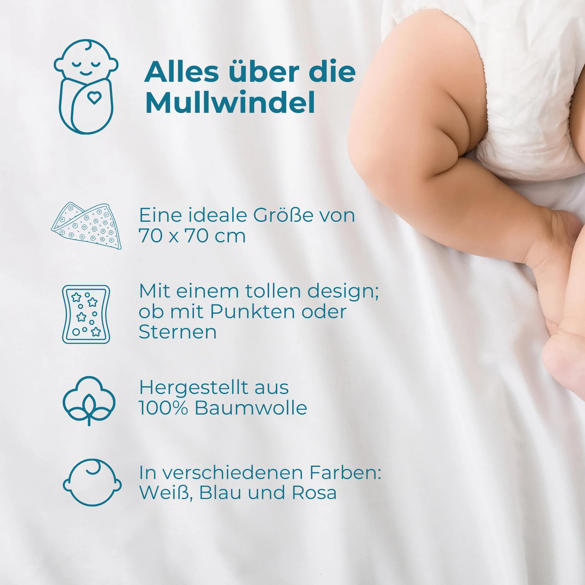 Pieluchy muślinowe, 70 x 70 cm, 5 sztuk, 100% bawełna, certyfikat Öko-Tex® (akwamaryna)