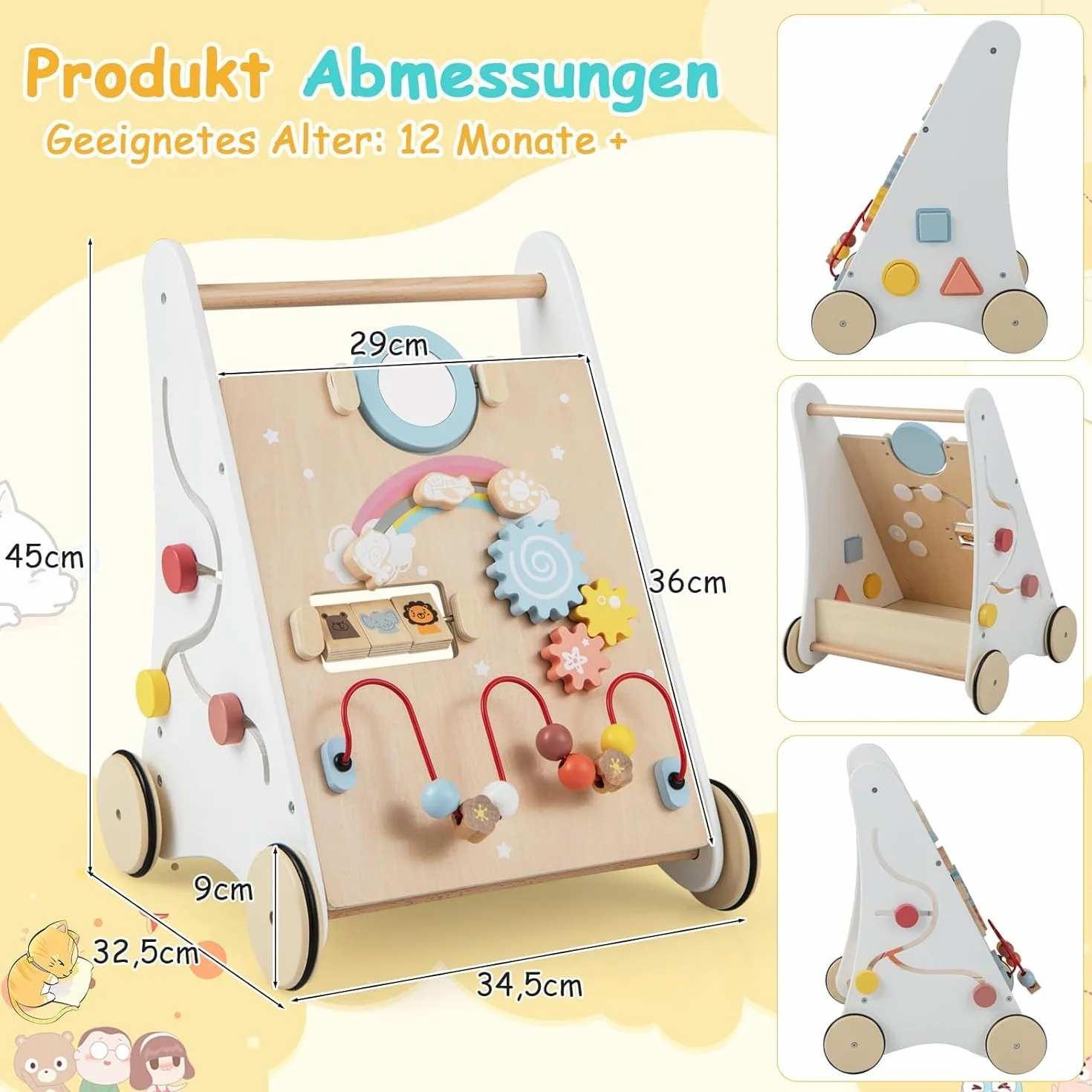 FANTASK Montessori Baby Walker wózek do nauki chodzenia 7 w 1, z drewnianym pudełkiem do przechowywania, z planszą do zabawy, lustrem i klockami, dla chłopców i dziewczynek od 1 roku życia