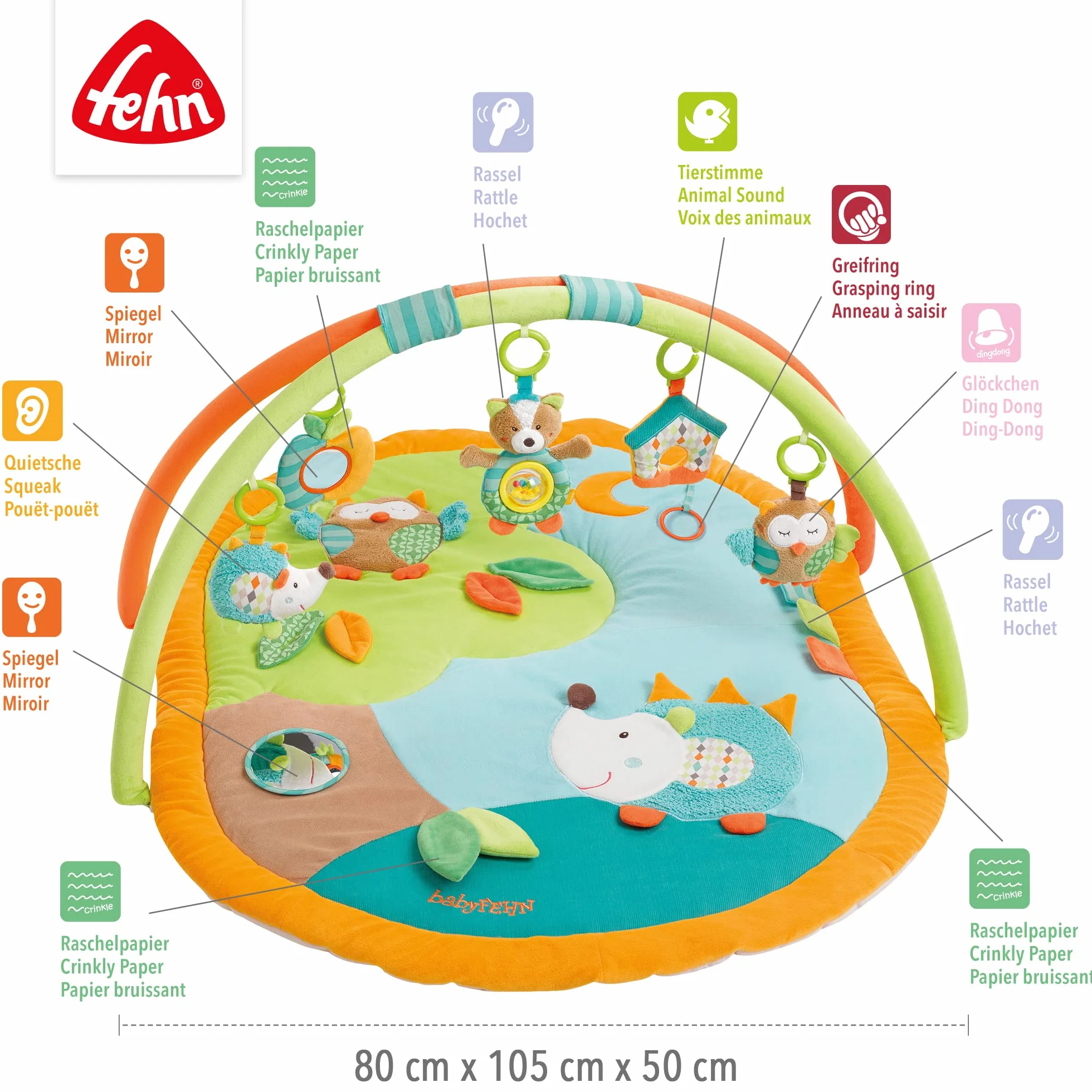 Fehn Sleeping Forest 3D Activity Blanket Play Arch - Baby Crawling Mat z 5 wymiennymi zabawkami do uchwytu - Mata do zabawy dla niemowląt i dzieci od 0+ miesięcy - Crawling Mat jako prezent urodzenia