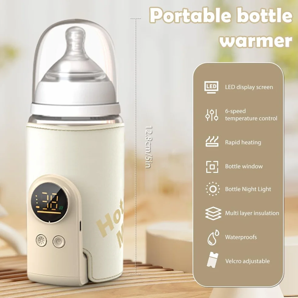 Podgrzewacz do butelek dla niemowląt, przenośny podgrzewacz do butelek podczas podróży do utrzymania temperatury, z wyświetlaczem LCD, 6 ustawialnych temperatur, szybkie ogrzewanie, podgrzewacz na