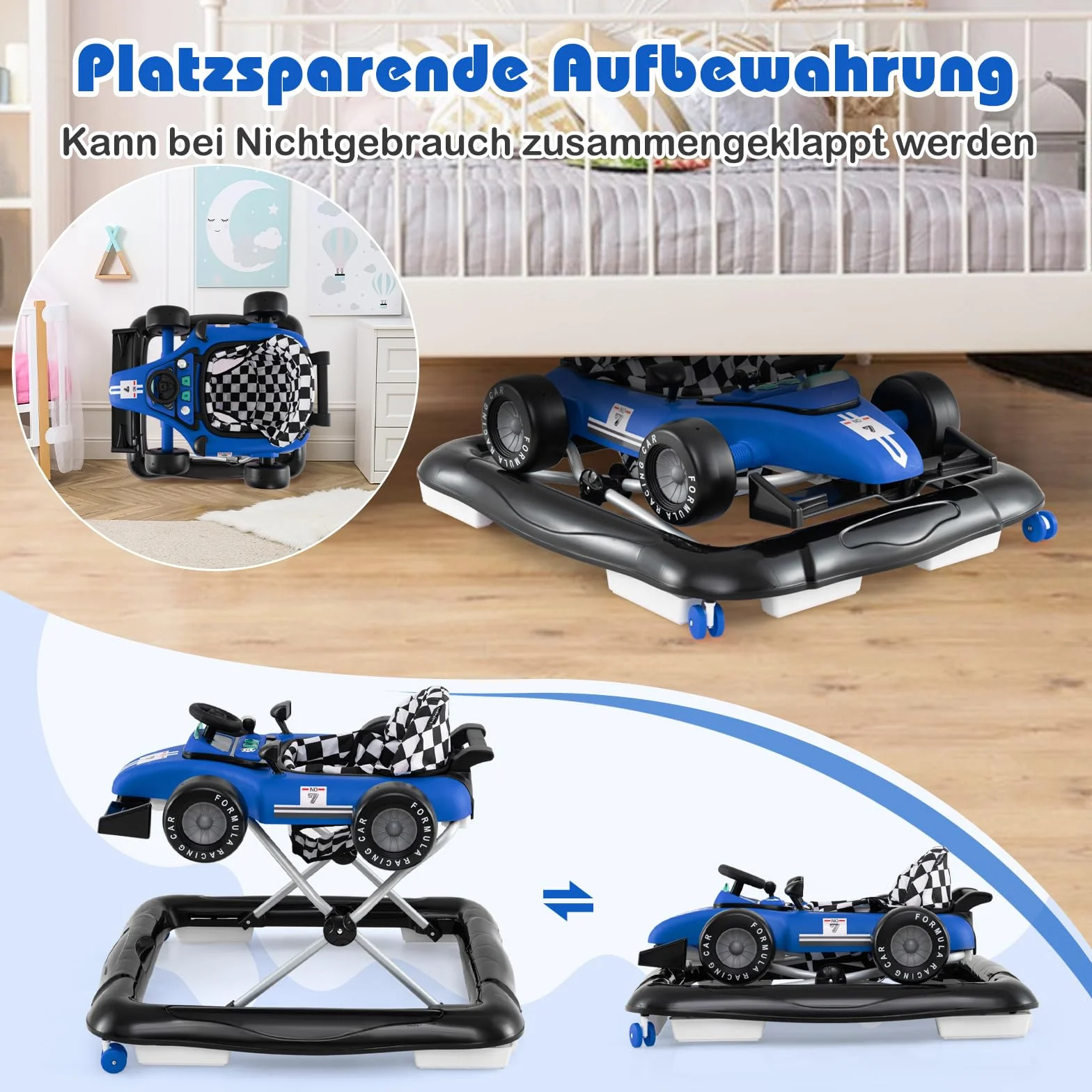 COSTWAY Pomoc w nauce chodzenia 4 w 1, wózek do nauki chodzenia, składany, z regulacją wysokości, Baby Walker w kształcie samochodu z kierownicą i pozytywką, wózek z kółkami dla dzieci w wieku 6-18