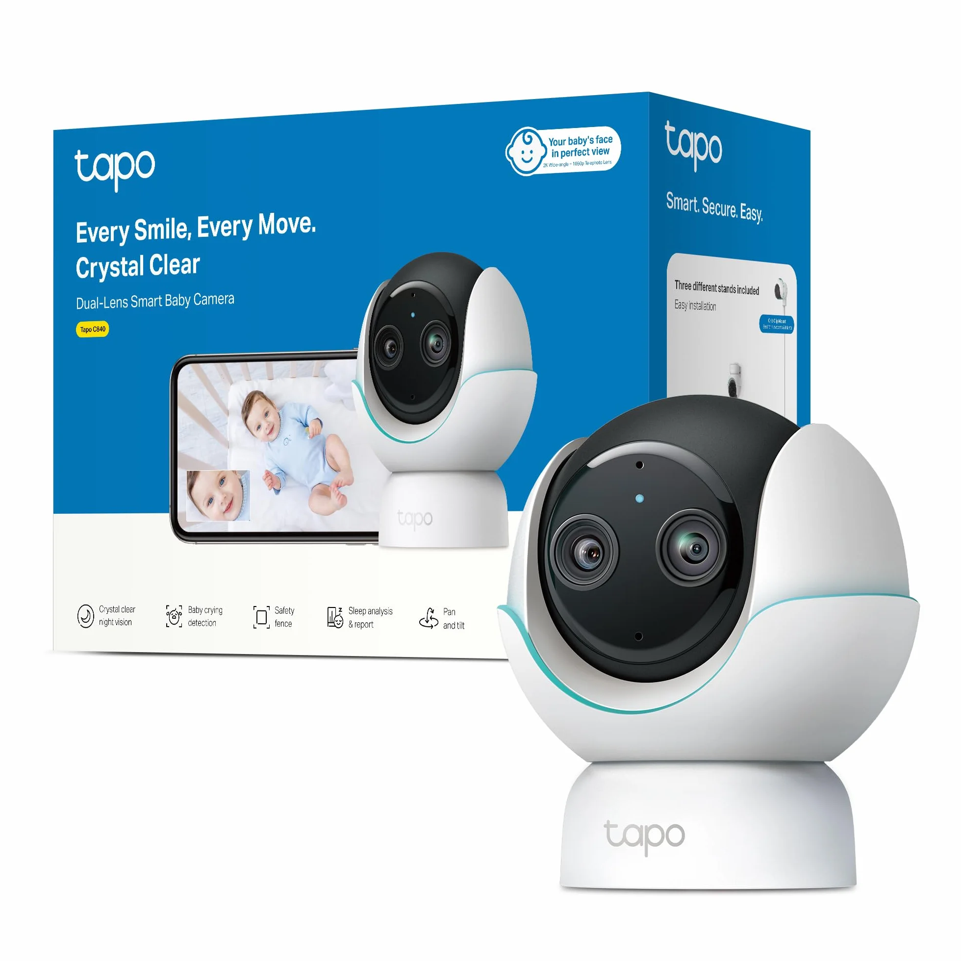 Tapo C840 BabyCam podwójny obiektyw (kompatybilny z Apple Home, wykrywanie krzyków i zakrytej twarzy, analiza i raport snu, kołysanki i biały szum, lampka nocna, karta microSD do 512 GB)
