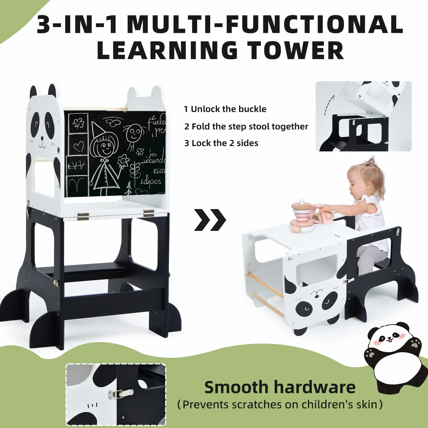 labebe Montessori Learning Tower, składana wieża edukacyjna dla dzieci, 2 w 1, z tablicami informacyjnymi, od 1 roku życia, panda