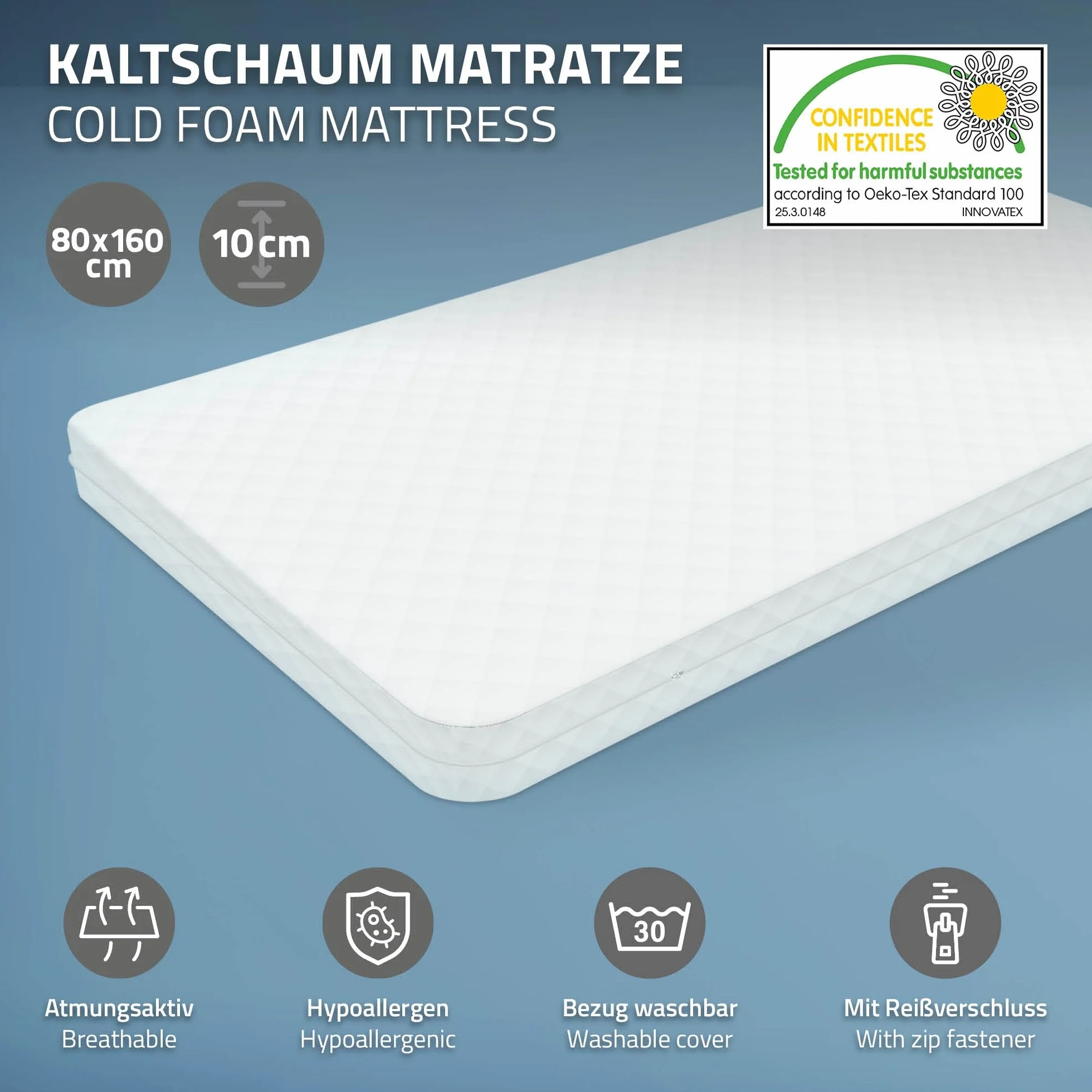 ML-Design materac dziecięcy, 80 x 160 x 10 cm, sprawdzony pod kątem substancji szkodliwych, certyfikat Öko-Tex 100, materac dla juniora z zamkiem błyskawicznym i poszewką nadającą się do prania
