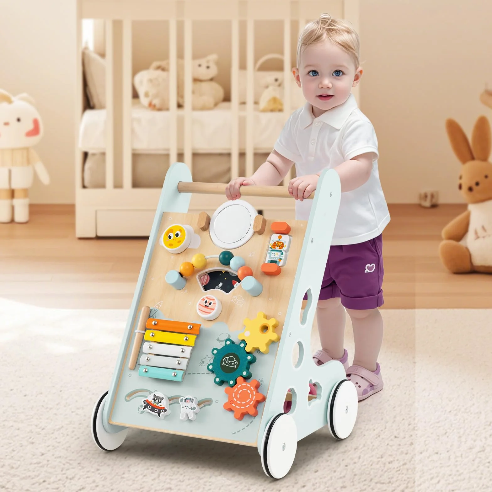 LIFEZEAL Drewniany wózek na pierwsze kroki Montessori, chodzik dla dzieci w wieku 1 lat, nauka chodzenia dla dzieci, z zabawkami, antypoślizgowymi kółkami, schowkiem, bezpieczny uchwyt, ergonomiczny