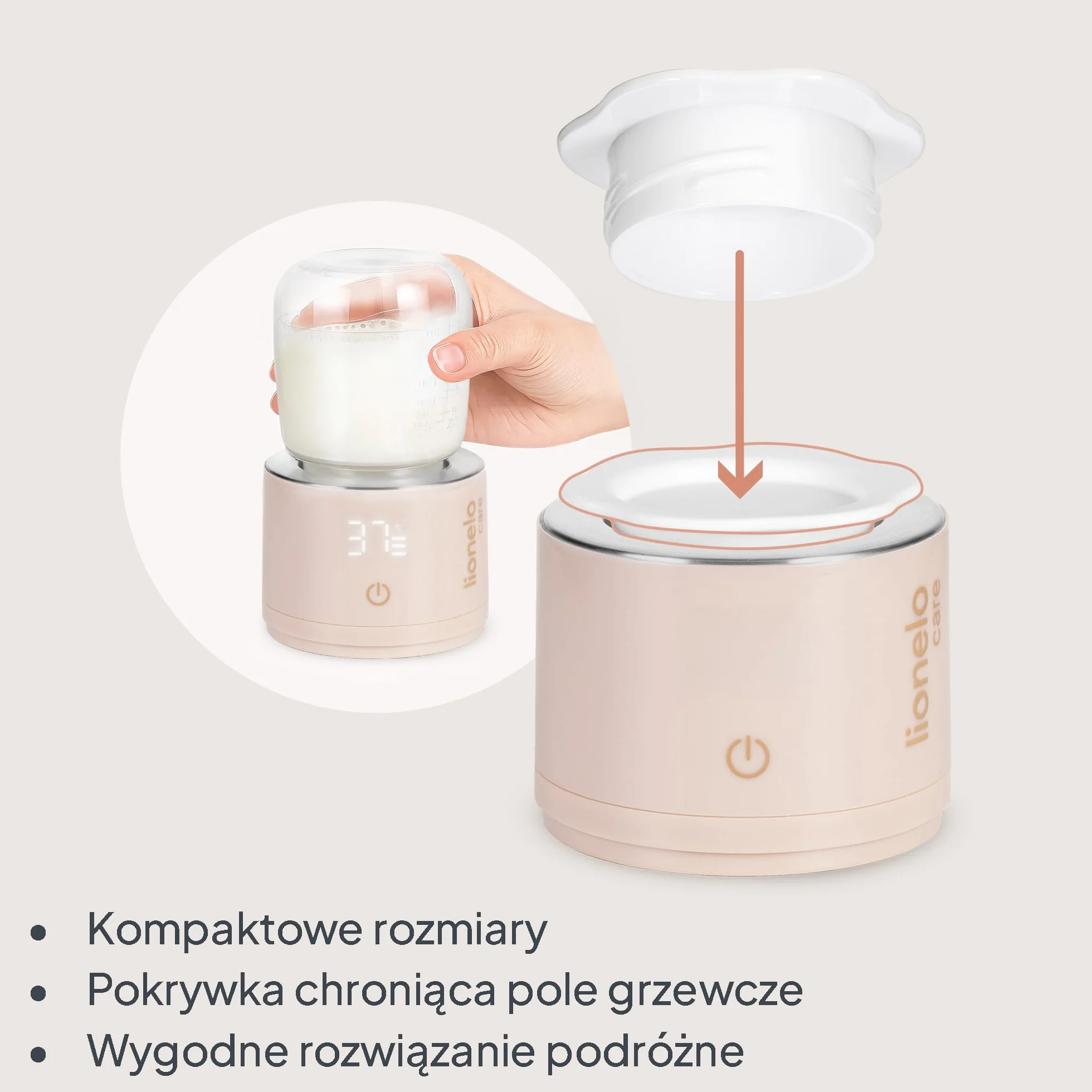 Lionelo Thermup Swift Podgrzewacz do Butelek Przenośny Bezprzewodowy, USB-C, Szybkie Podgrzewanie w 3 Min, 4 Temperatury 37-50 C, Podtrzymanie do 6 h, 5 Adapterów, Czujnik Braku Cieczy, z Akumulatorem