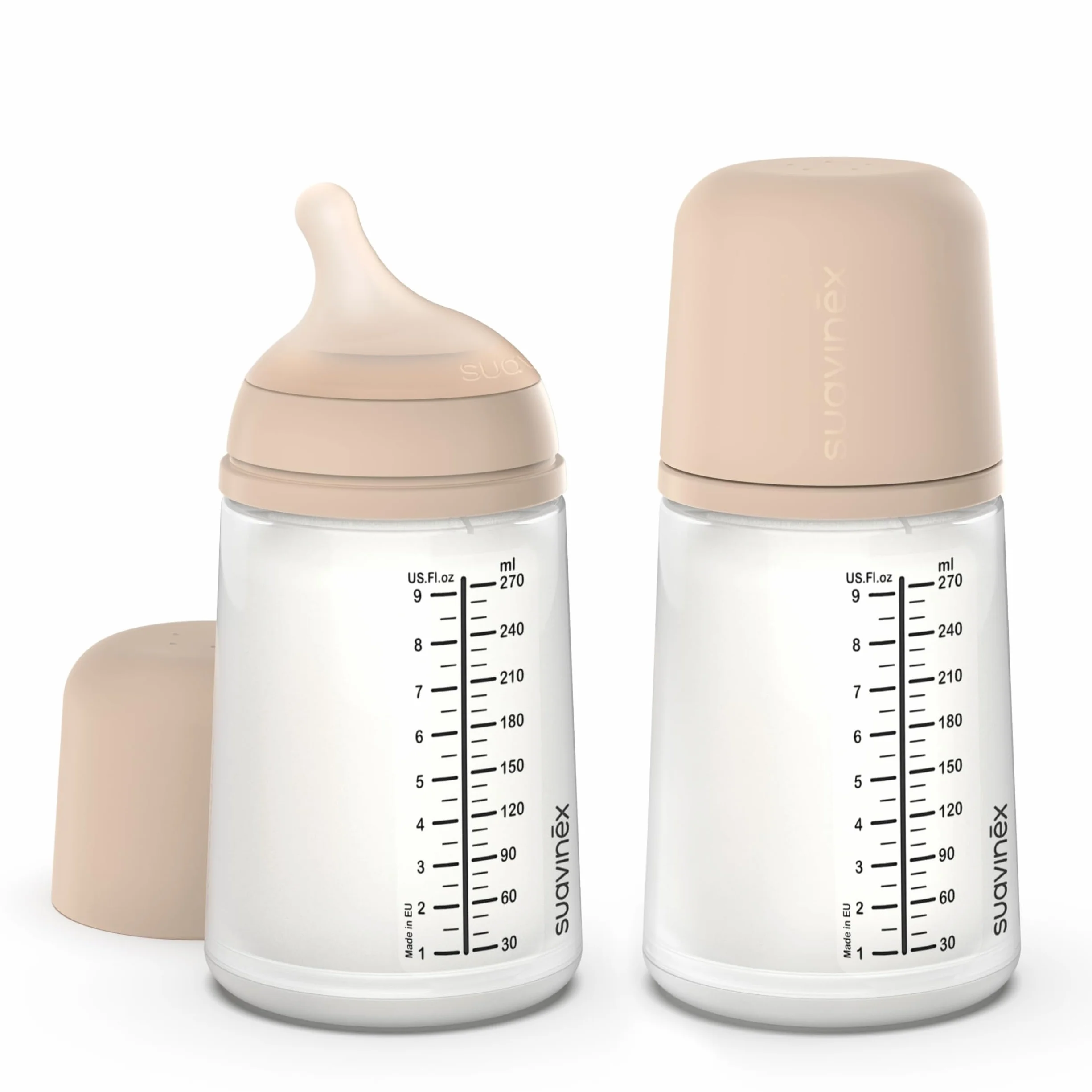 Suavinex, Zestaw 2 butelek antykolicowych o zerowym przepływie 270 ml i smoczek o średnim przepływie (M) silikonowy, + 3 miesiące, mleko matki w formule i płynach o średniej gęstości, kompatybilny z
