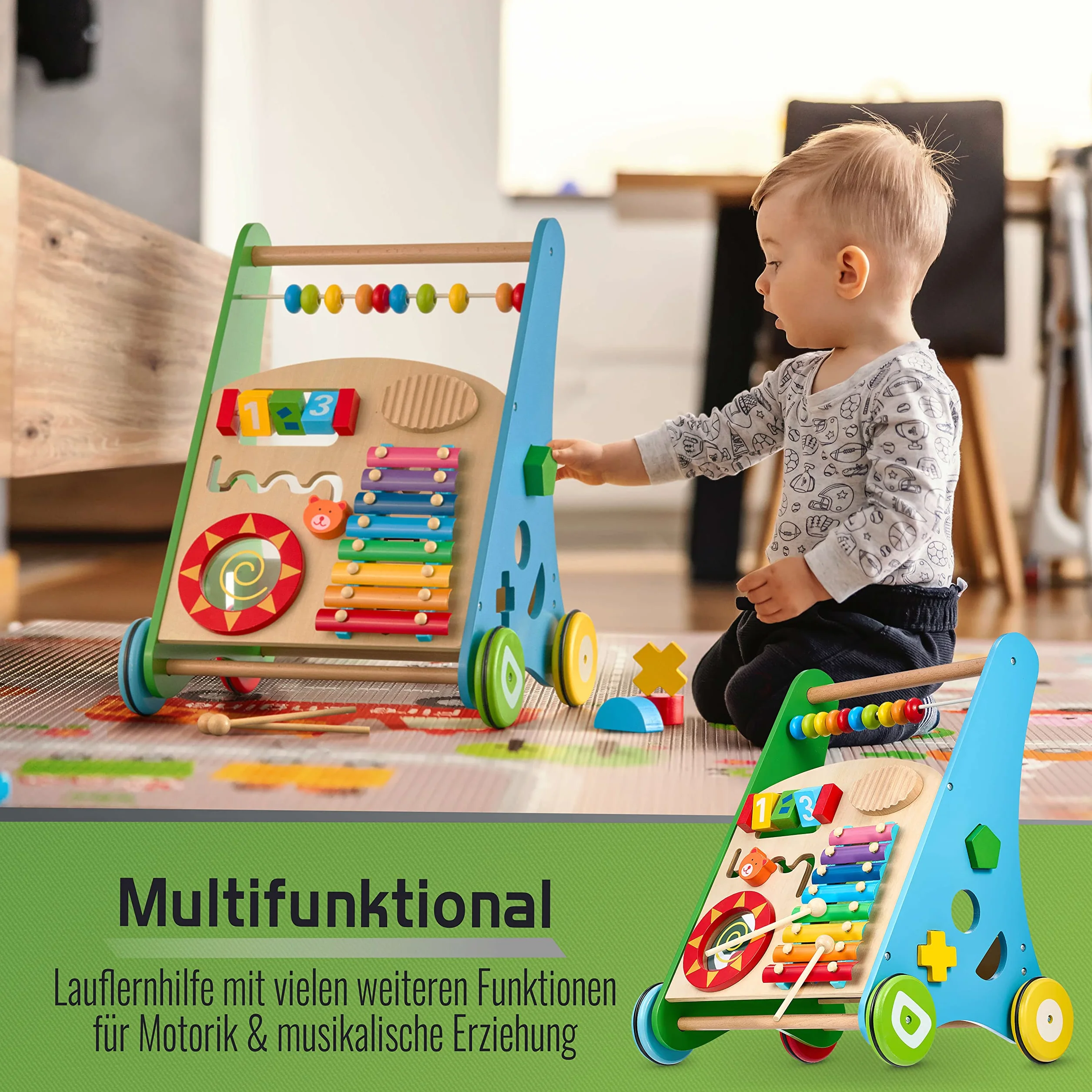 Balinco LEARNING WAGON WOOD, 3 w 1, zabawka edukacyjna + zabawka muzyczna + chodzik dla dziecka od 6 miesicy