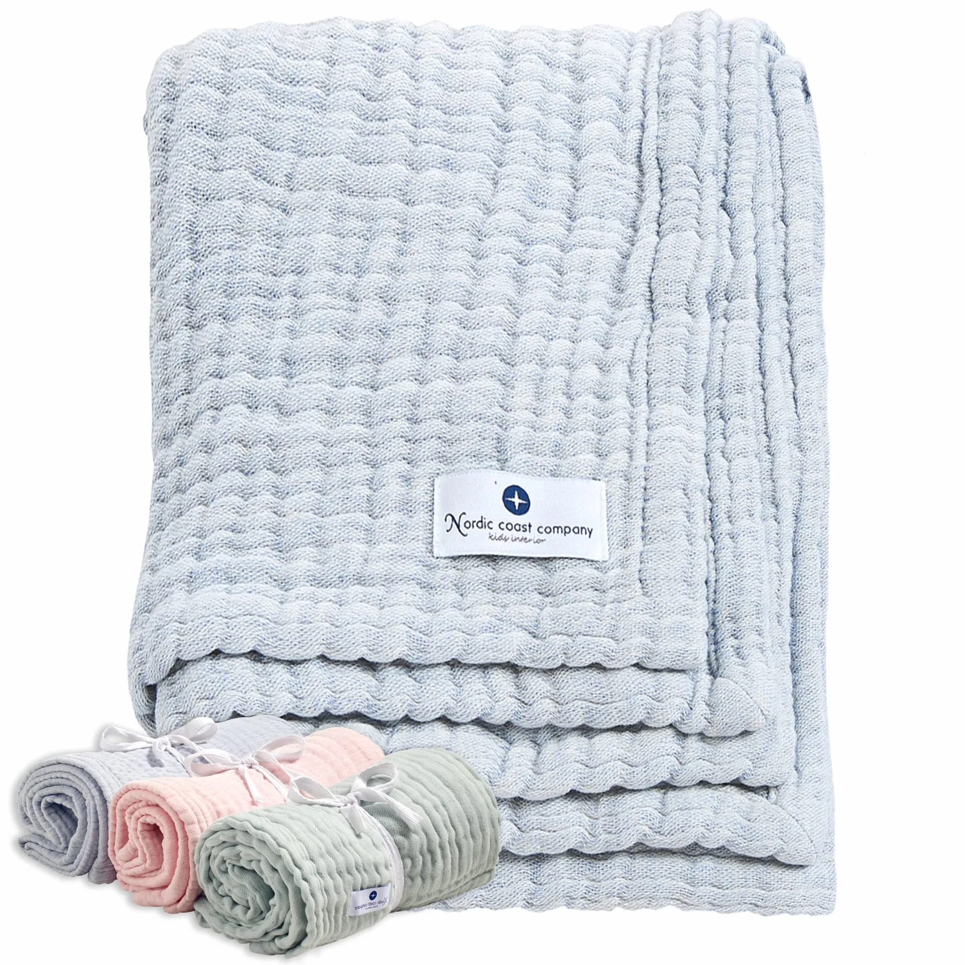 Nordic Coast® muślinowy koc duży – kocyk do raczkowania dla niemowląt w kolorze niebieskim – 90 x 120 cm – 100% bawełna Oeko Tex® – 4-warstwowy – chusta muślinowa – przytulny koc na podróż – bardzo miękki