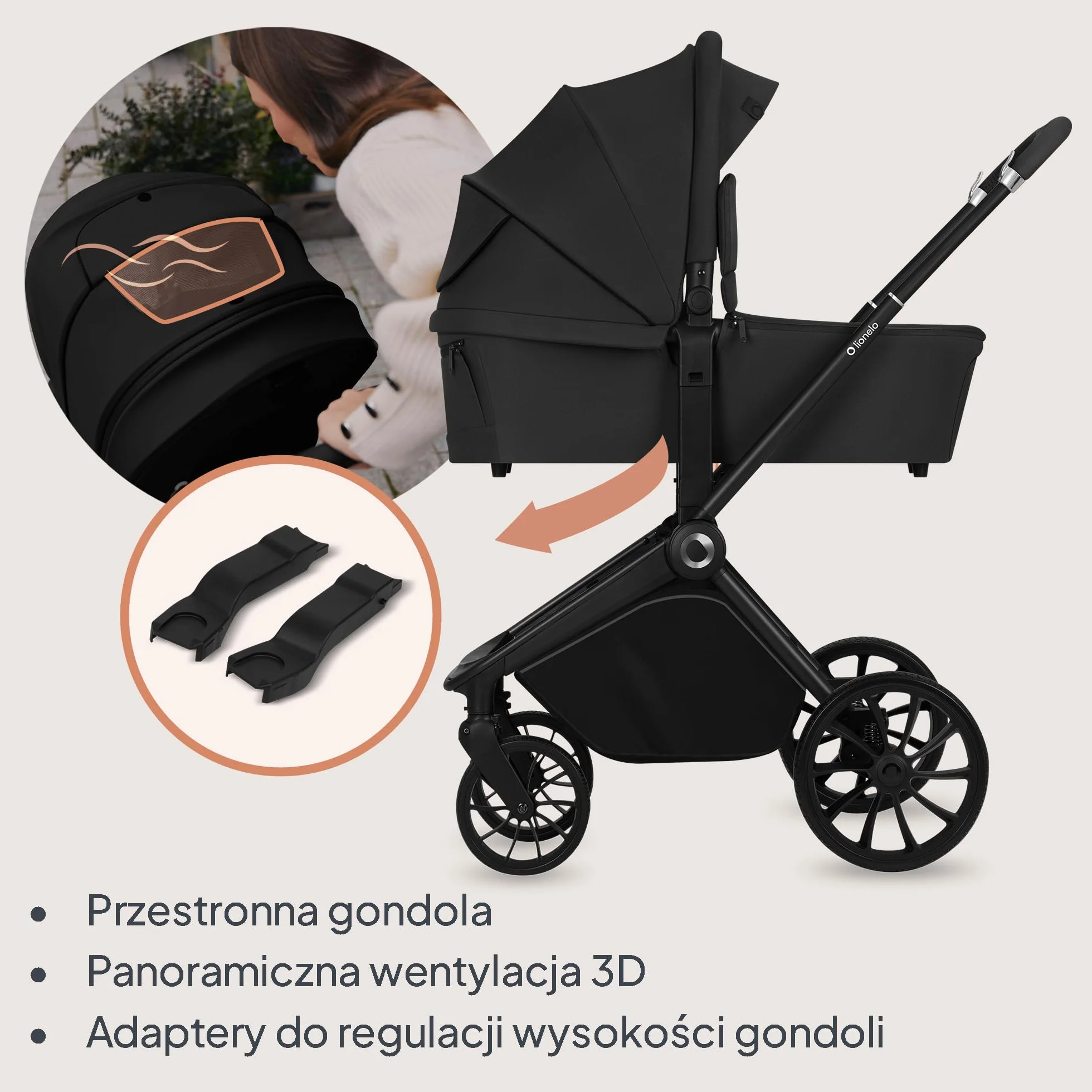 LIONELO MIKA PLUS 3 w 1 Wózek Spacerowy Dziecięcy 0-48 miesięcy do 22 kg Gondola do 9 kg Fotelik Samochodowy Nosidło do 13 kg, Regulacja Oparcia, Amortyzacja, Koła 360° Budka XXL (Czarny)