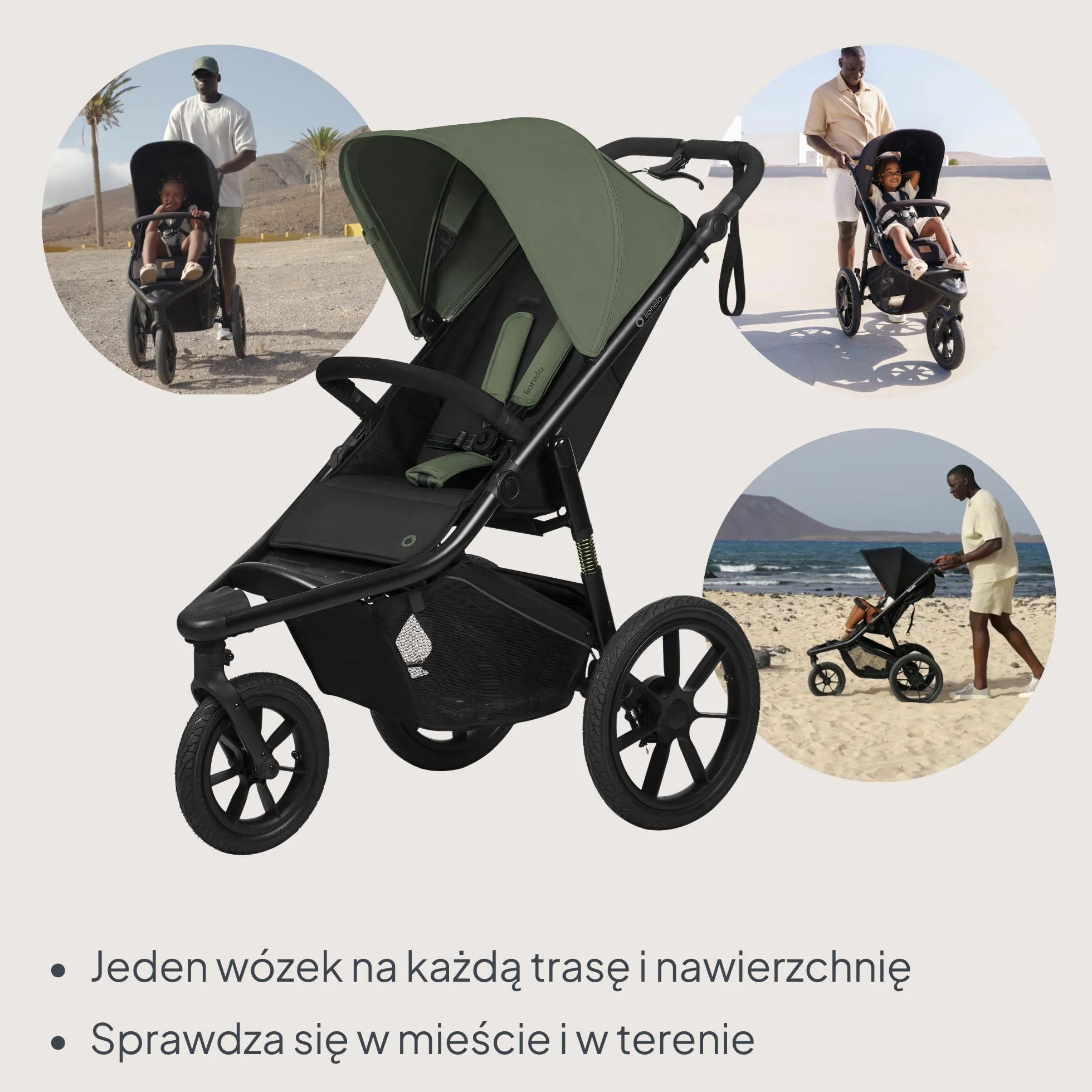 LIONELO AZURA Wózek Dziecięcy do Joggingu od 6 miesięcy do 22 kg Trójkołowy Wózek do Biegania Regulacja Oparcia do Pozycji Leżącej Duże Pompowane Koła Pełna Amortyzacja Budka XXL (Zielony)