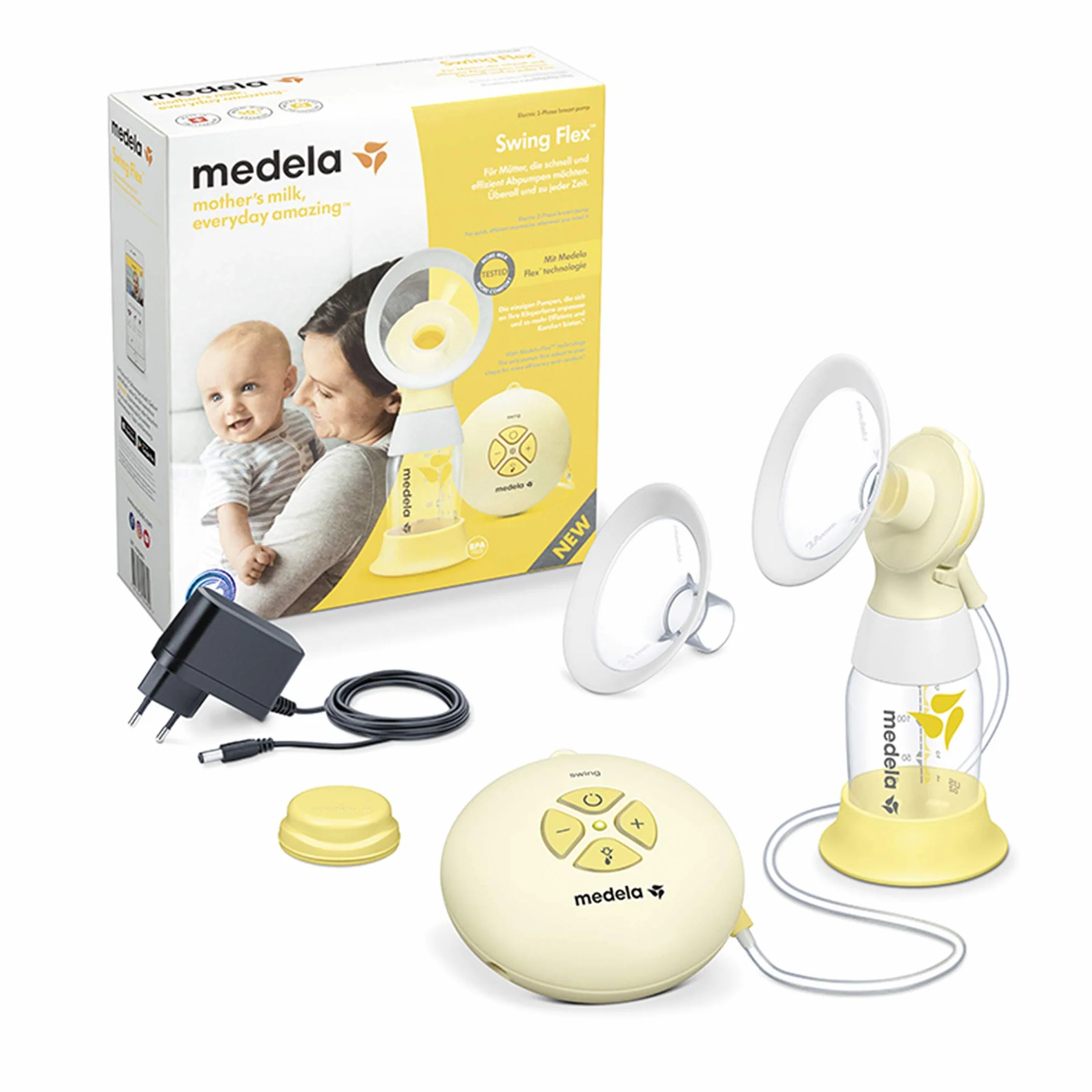 Medela Swing Flex Laktator elektryczny pojedynczy laktator, kompaktowa i przenośna konstrukcja, z wkładkami PersonalFit Flex i technologią 2-fazową Expression