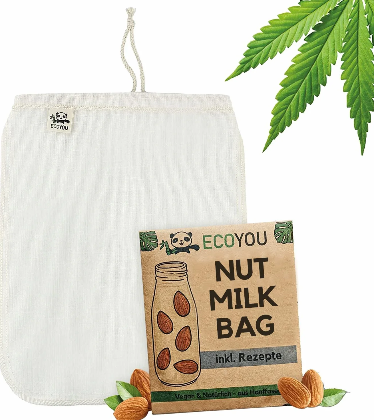 Ecoyou EYNM Ekologiczny Woreczek Do Mleka Orzechowego Z Konopi, Biały, 30 x 25 cm