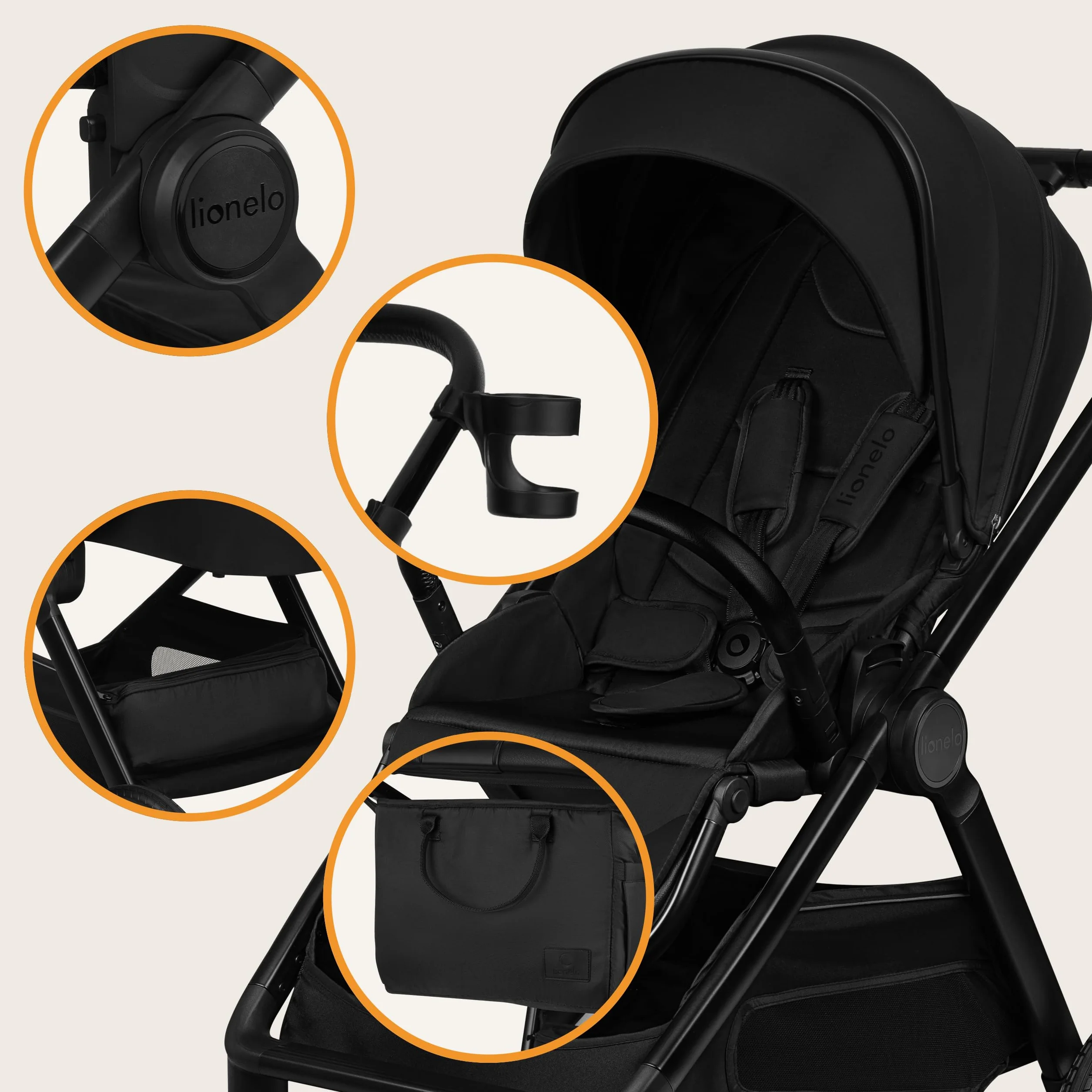 LIONELO LAYLA Wózek dziecięcy 3 w 1 0-48 miesięcy do 22 kg gondola do 9 kg, AiryDots, obracane koła PU o 360°, całkowita amortyzacja Booth XXL (BLACK ONYX)