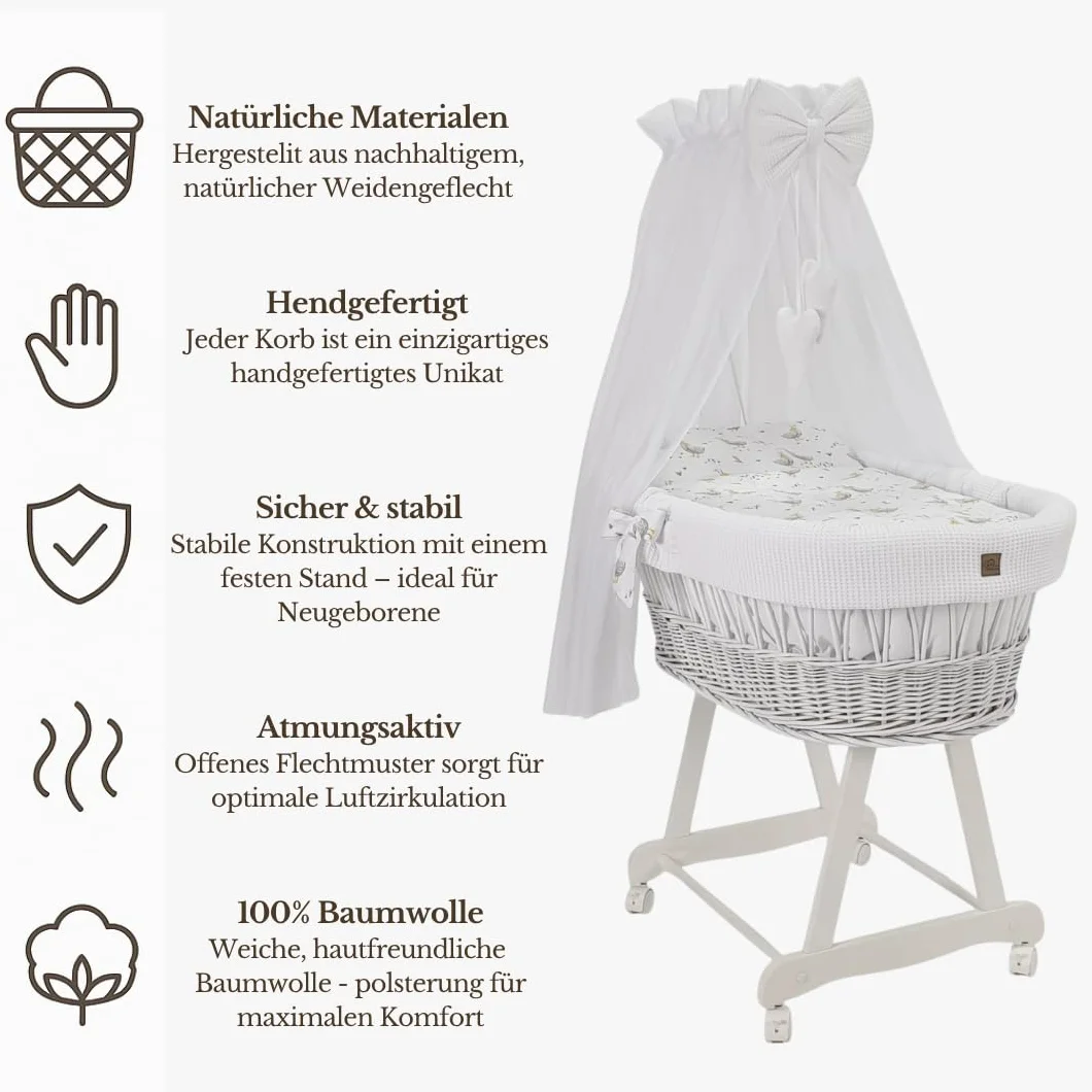 Kosz Mojżesza biały ze stelażem, materacem, baldachimem i pościelą z tkaniny waflowej, ciche kółka (białe - zielone liście)